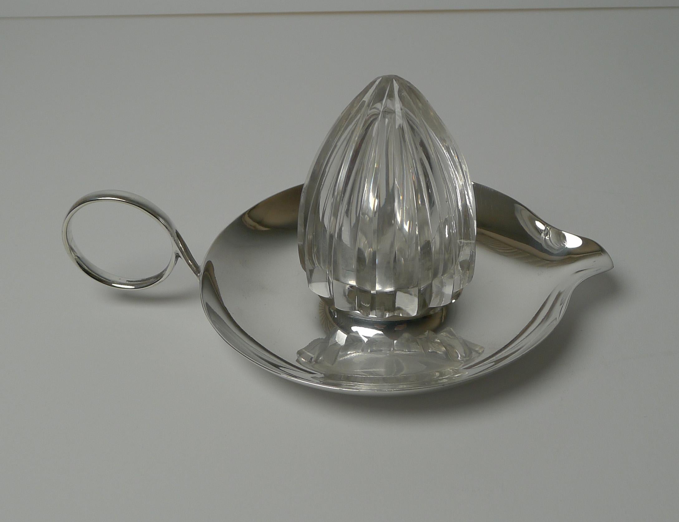British Rare Antique Silver Plate and Cut Crystal Lemon Squeezer, c.1910 For Sale