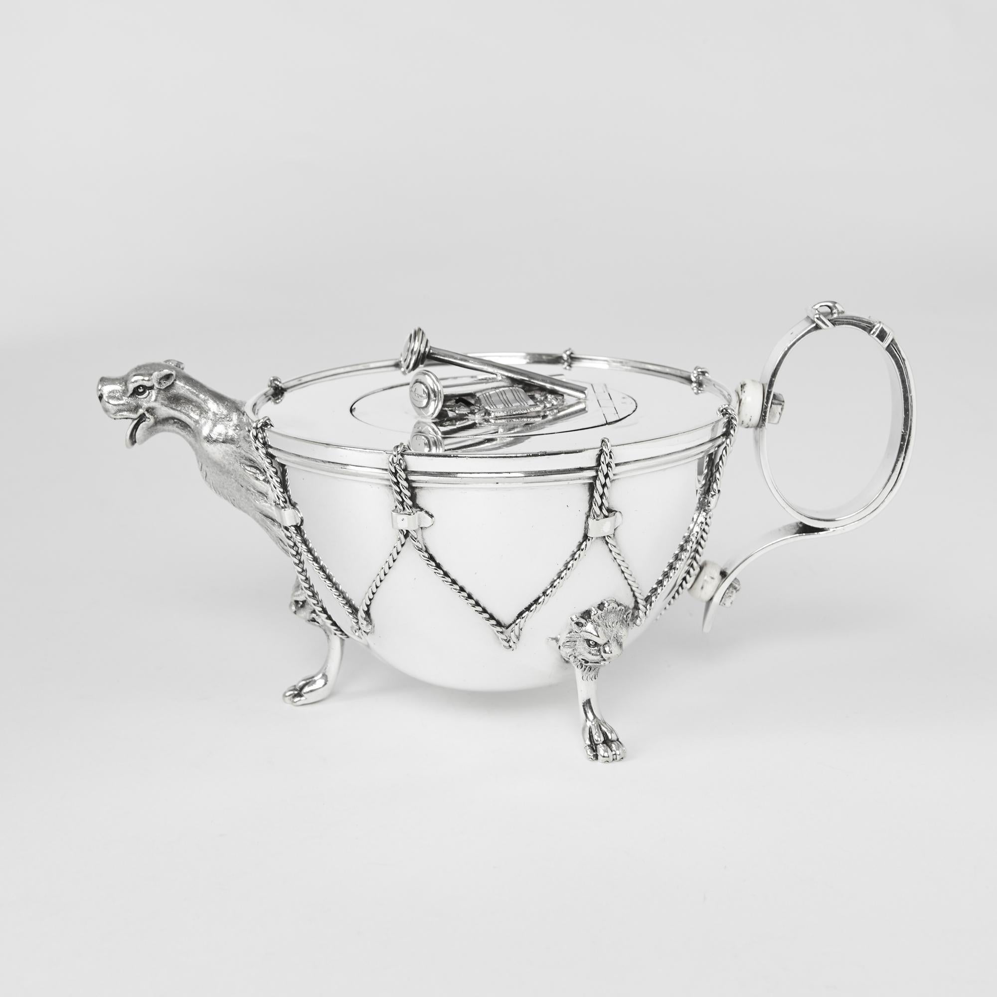 English Rare Antique Silver Plated Kettle-Drum Tea Set For Sale