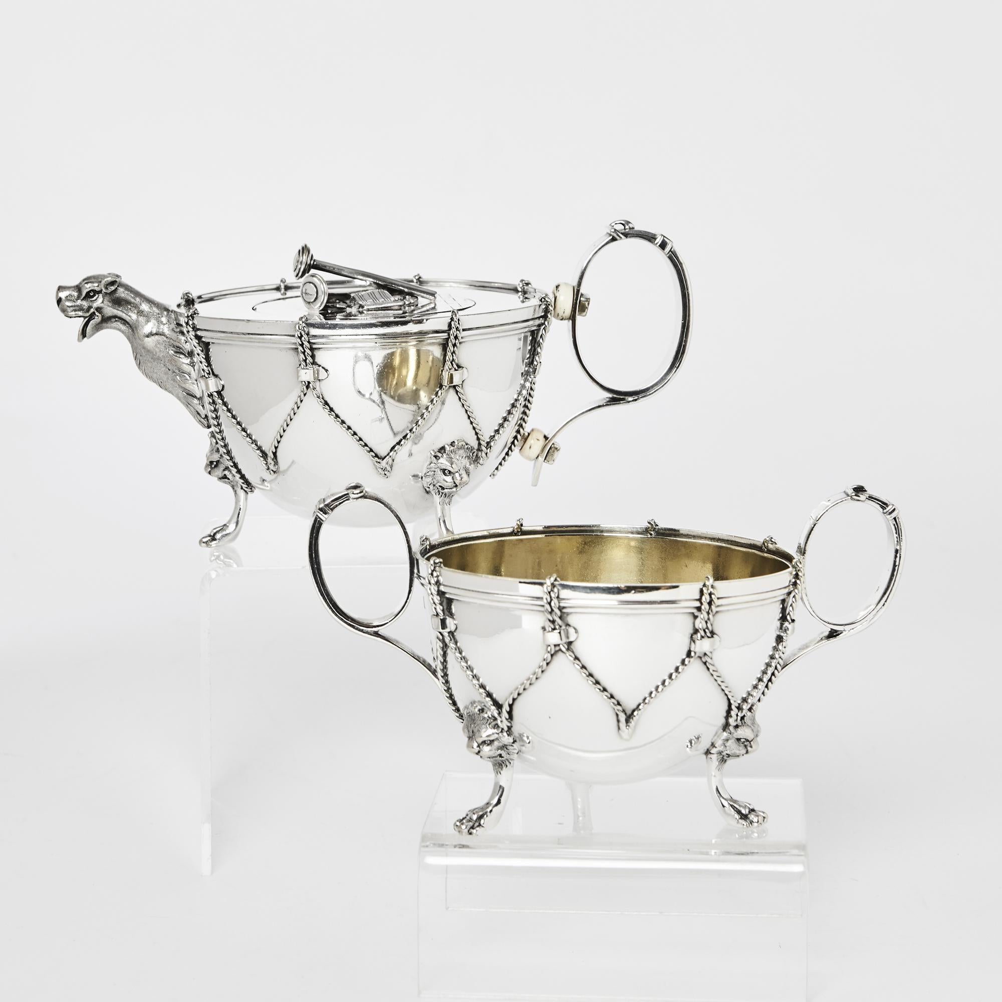 19th Century Rare Antique Silver Plated Kettle-Drum Tea Set For Sale