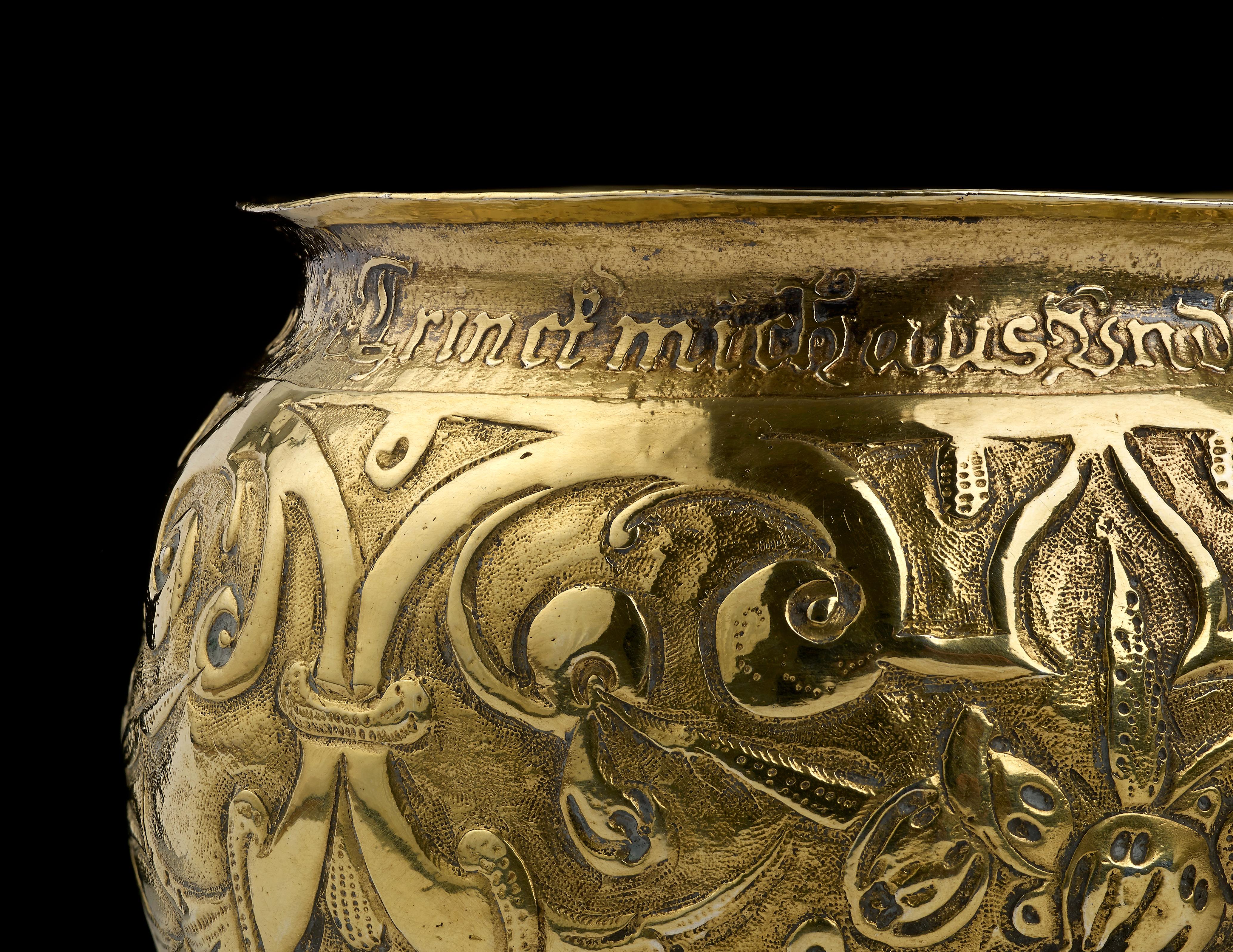 An extremely rare silver gilt Bratina/tumbler cup, Nuremberg, circa 1600, the maker Lorenz Ott, the inscription around the top in Gothic script loosely translates as “Drink me up ,and put me on the ground, i will stand up, so that you can refill me,
