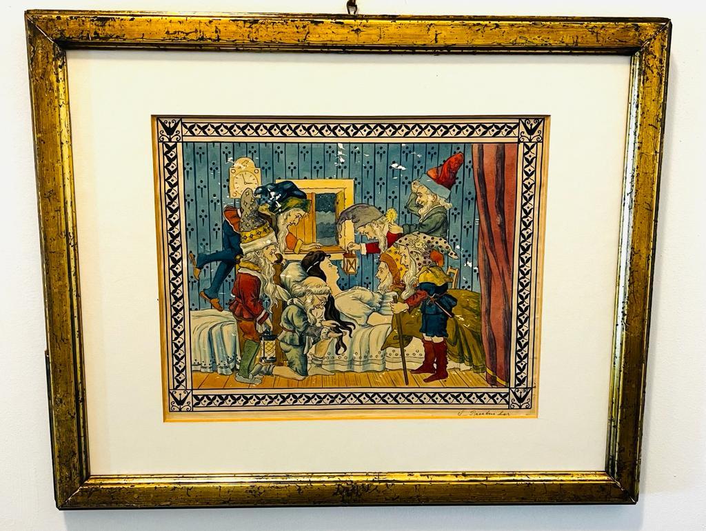 This is a unique and very rare Water-colour (Aquarell) of the famous brothers Grimm fairytale, numbered as Tale 53, Snow White and seven Dwarfs (Sleeping Beauty ).
 This Aquarell has been done in the 19th century ( was painted circa 1850-1890) and