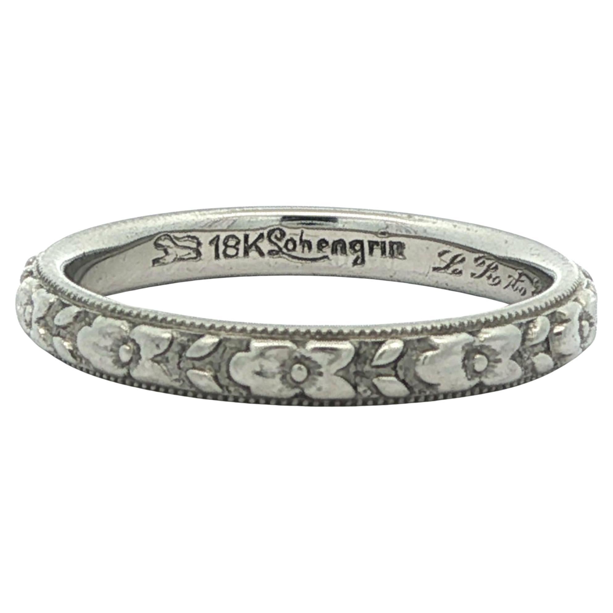 Seltene antike Sohengrin 18k White Gold Floral Milgrain Arbeit Eternity Band Ring im Angebot