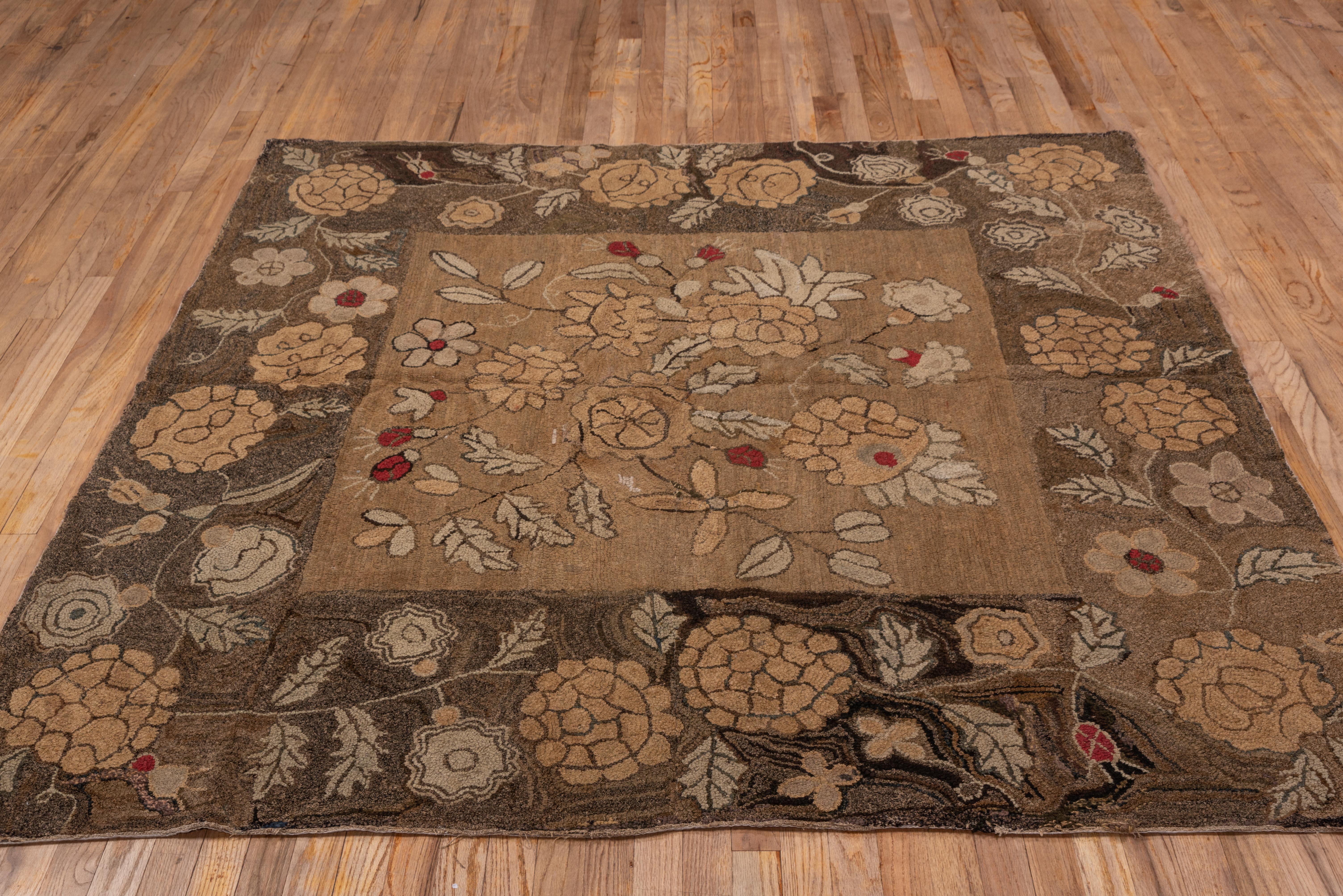 Hand-Crafted Rare Antique Square American Hooked Rug, circa 1880s