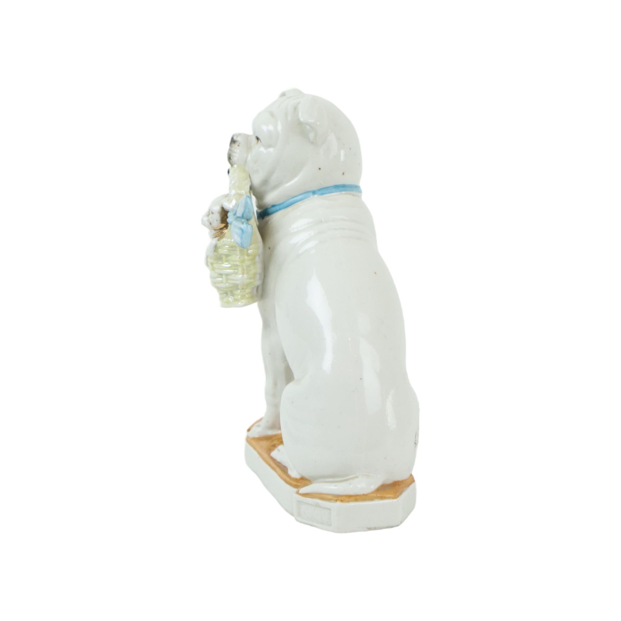European Rare Antique Statue Bulldog Pug with Puppies Art Nouveau Porcelain For Sale