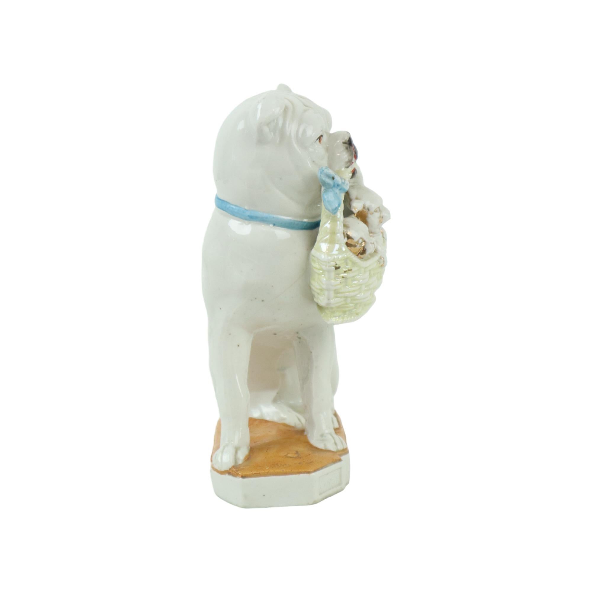 Rare Antique Statue Bulldog Pug with Puppies Art Nouveau Porcelain In Good Condition For Sale In Poperinge, BE