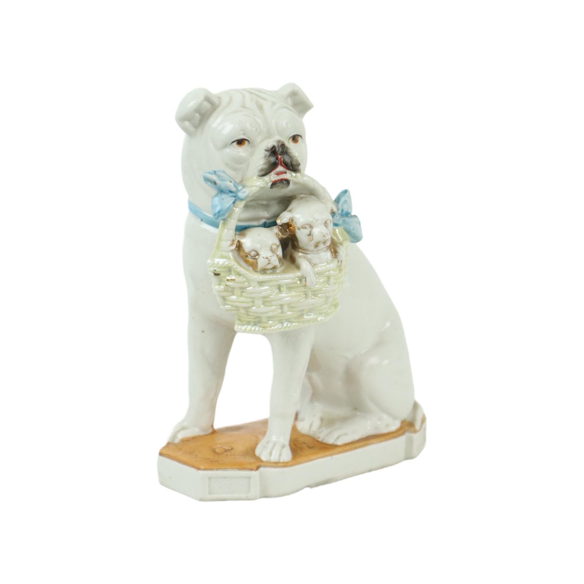 20th Century Rare Antique Statue Bulldog Pug with Puppies Art Nouveau Porcelain For Sale