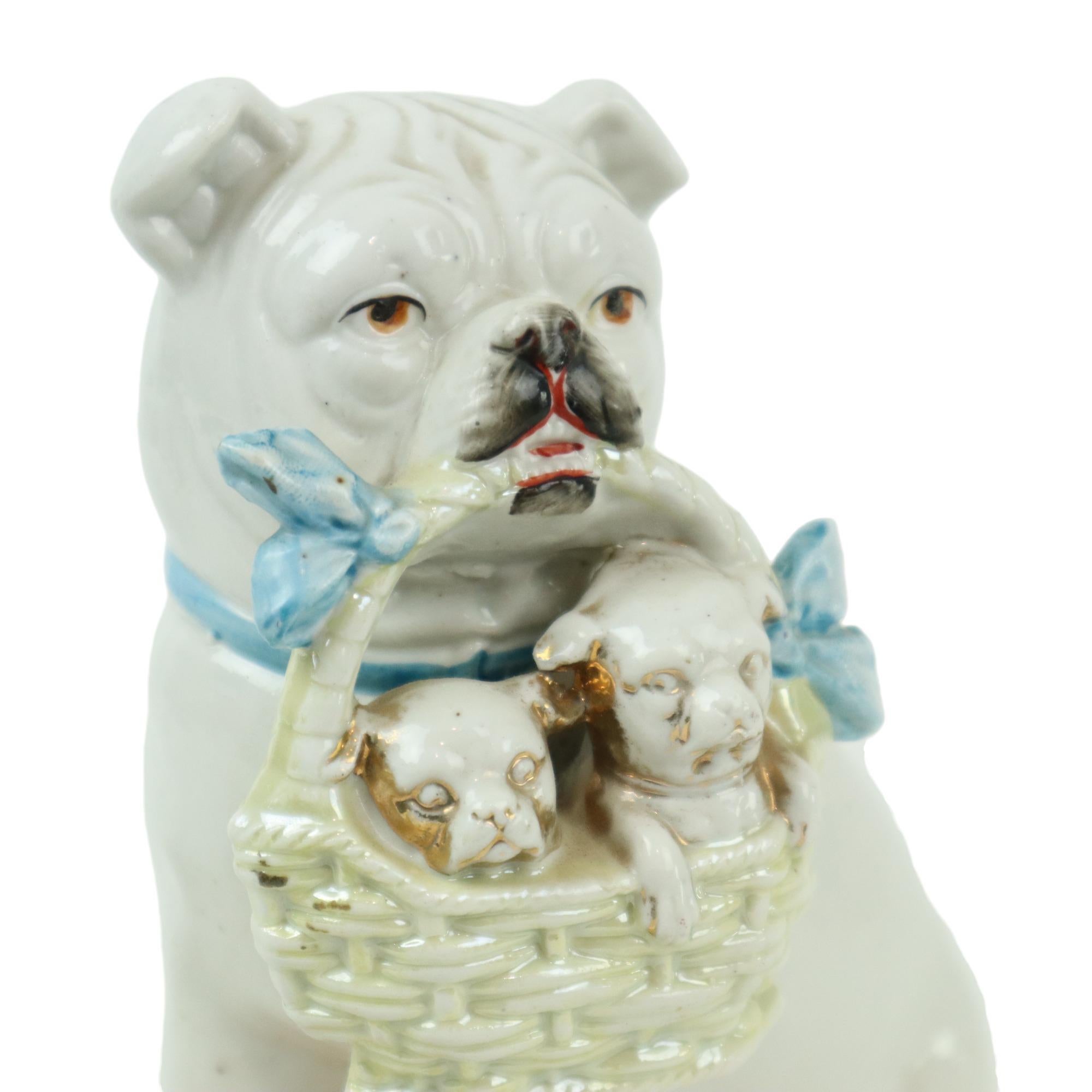 Rare Antique Statue Bulldog Pug with Puppies Art Nouveau Porcelain For Sale 1