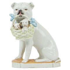 Rara statua antica Bulldog Pug con cuccioli in porcellana Art Nouveau