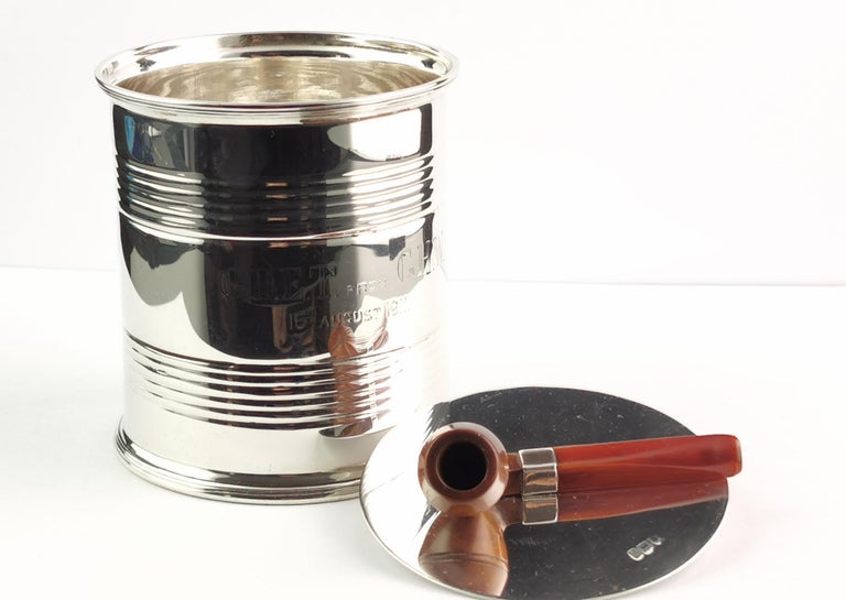 Rare Antique Sterling Silver Tobacco Box, Miniature Pipe For Sale at