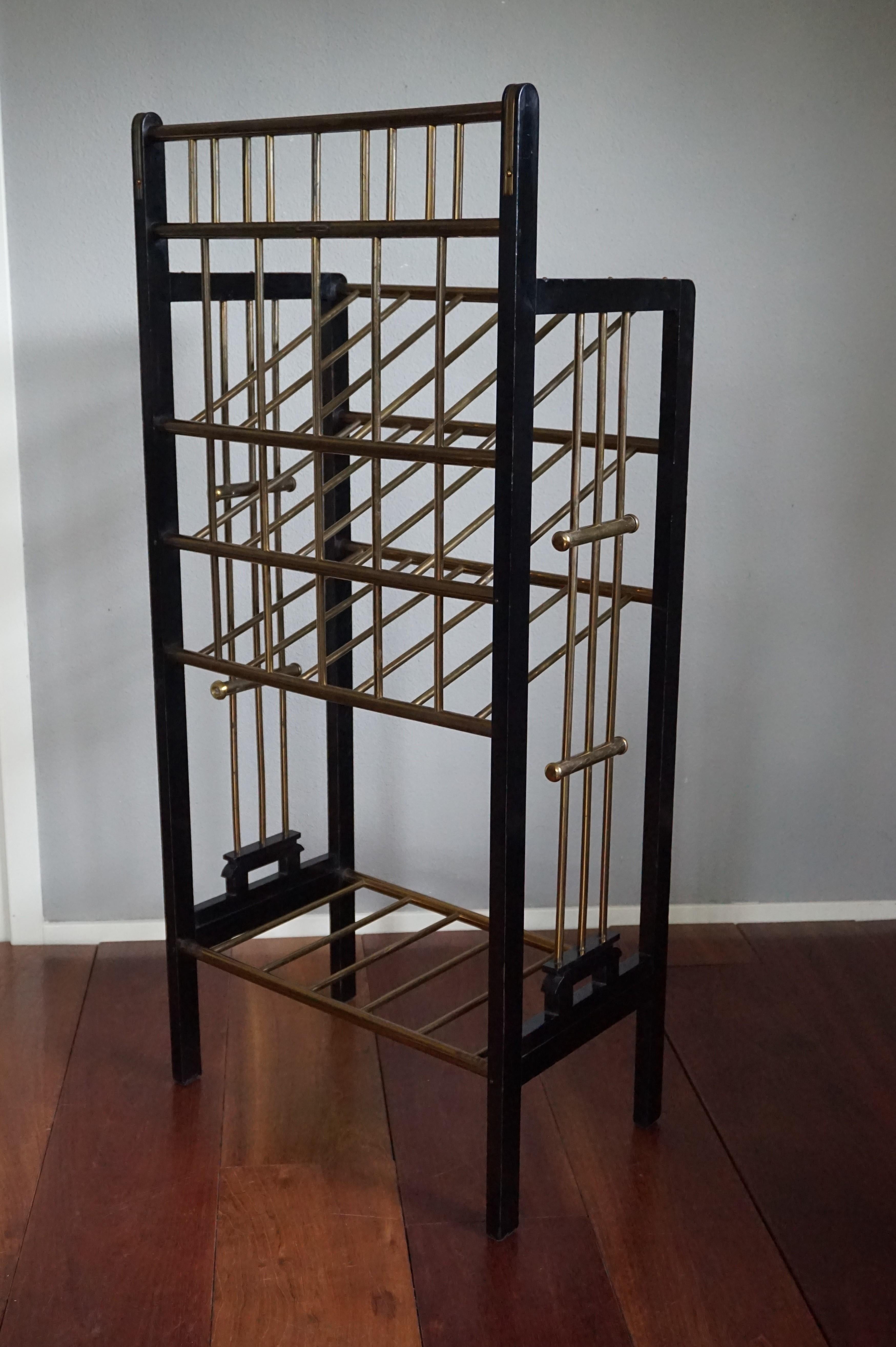 Rare, Antique & Stunning Viennese Secession Ebonized Wood & Brass Magazine Stand For Sale 2