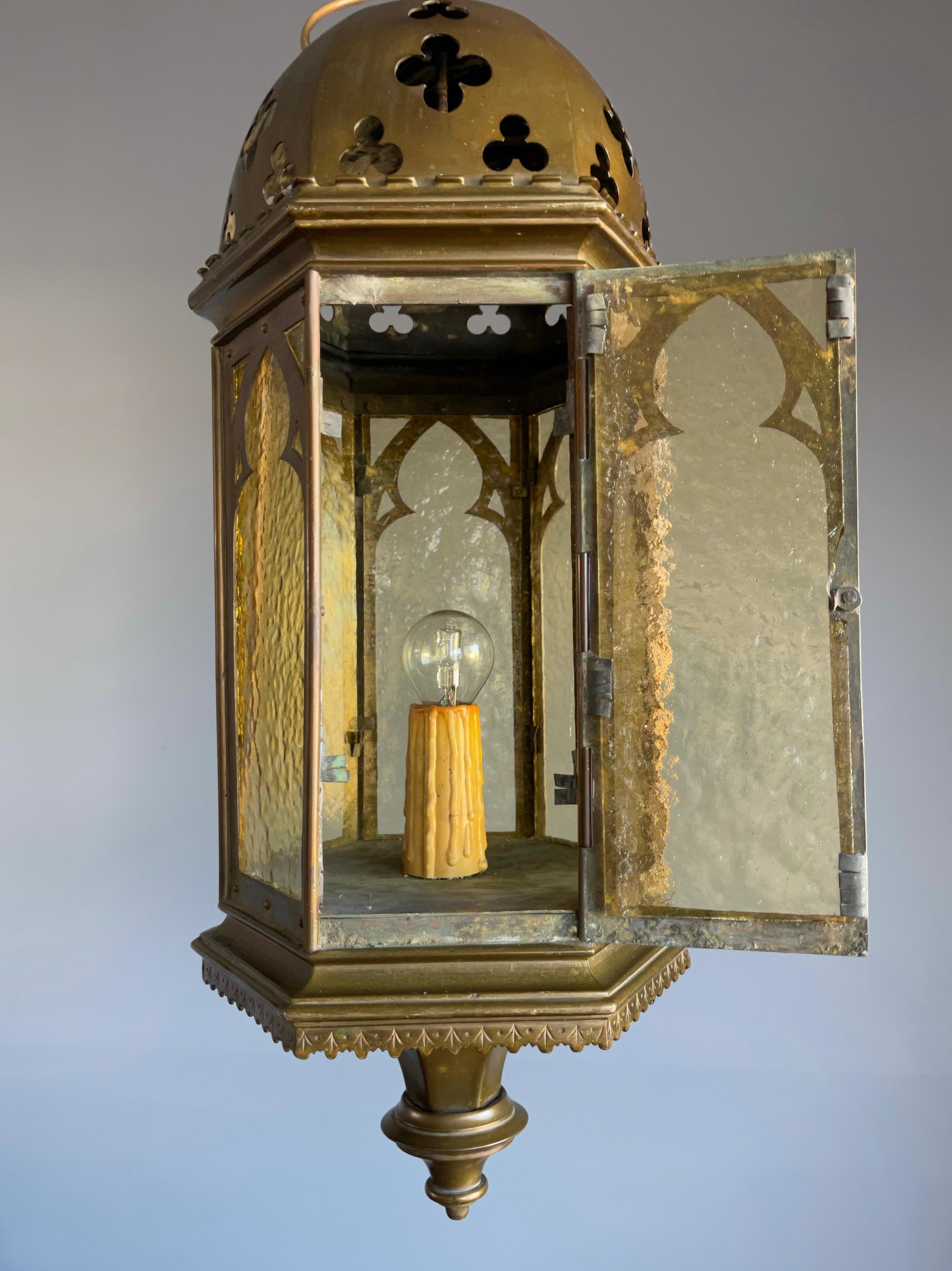 Rare Antique & Stylish Gothic Revival Brass Lantern with Cathedral Glass Windows 4