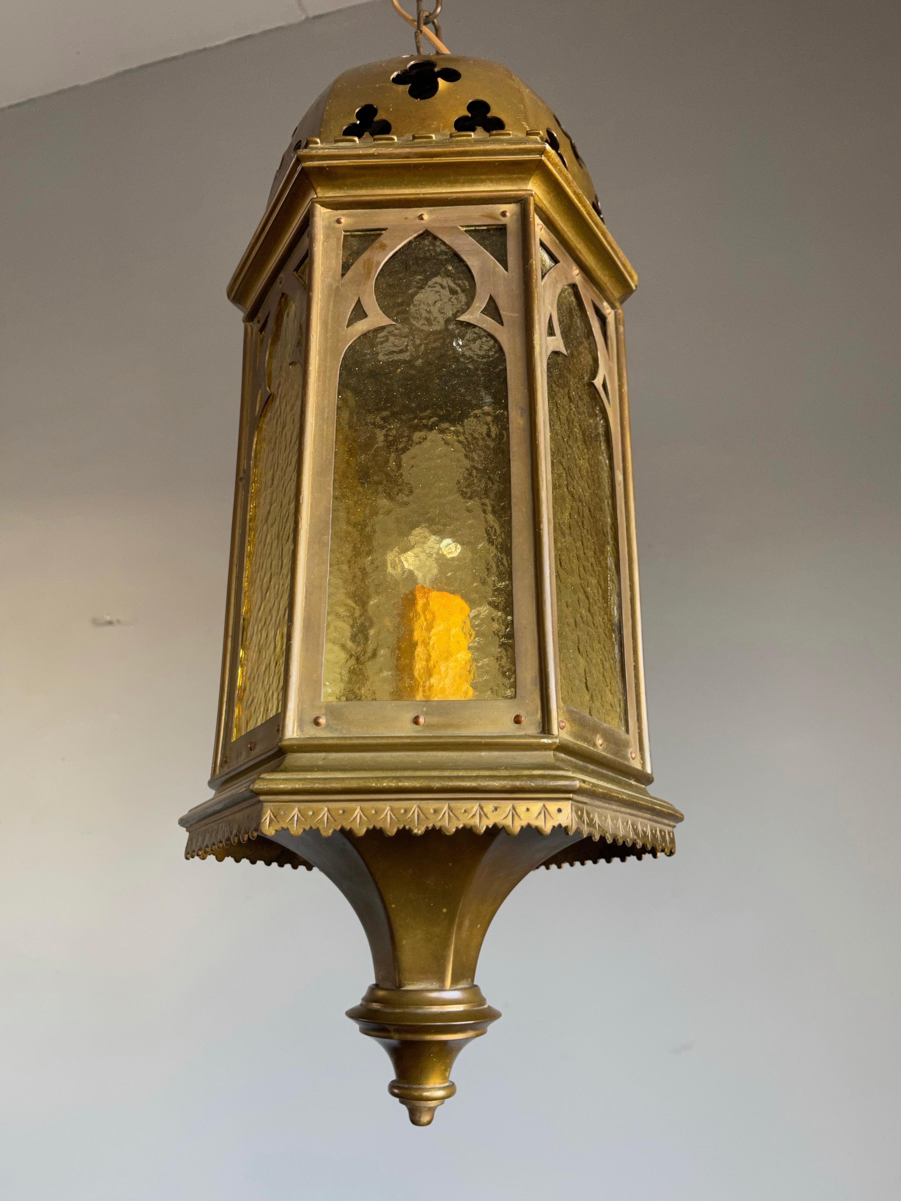 Rare Antique & Stylish Gothic Revival Brass Lantern with Cathedral Glass Windows 11