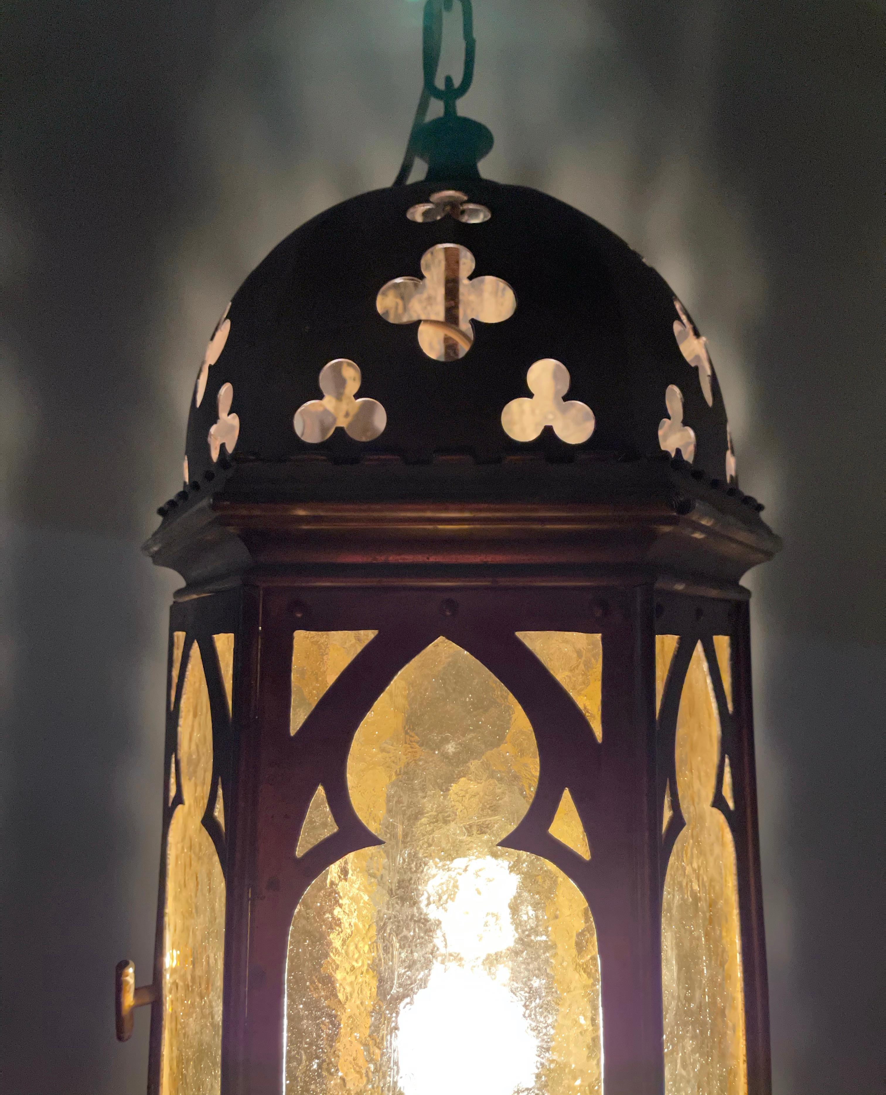 European Rare Antique & Stylish Gothic Revival Brass Lantern with Cathedral Glass Windows