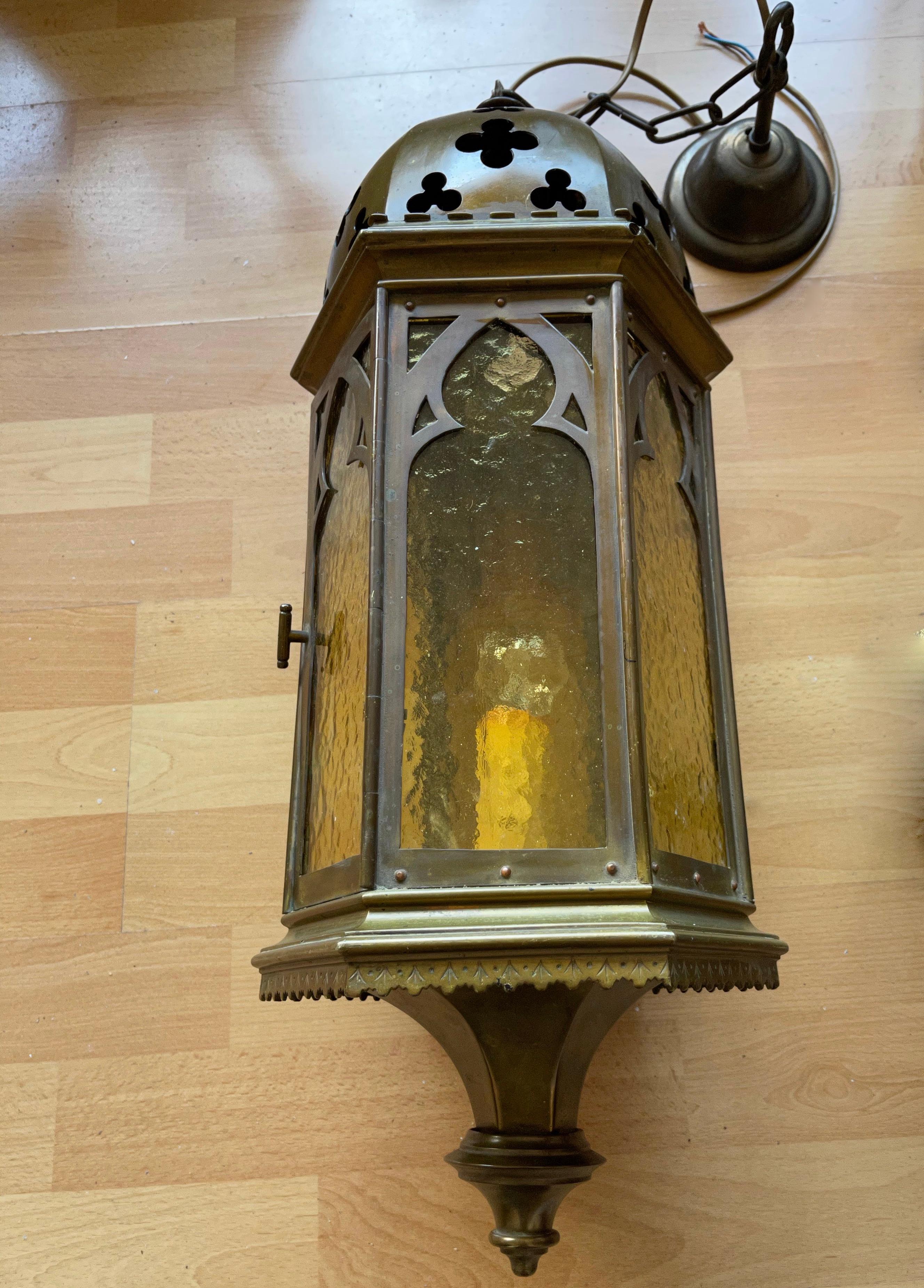 19th Century Rare Antique & Stylish Gothic Revival Brass Lantern with Cathedral Glass Windows