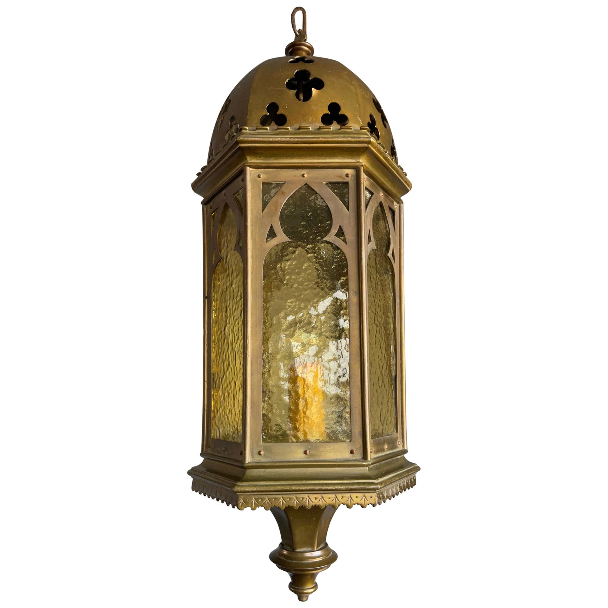 Rare Antique & Stylish Gothic Revival Brass Lantern with Cathedral Glass Windows