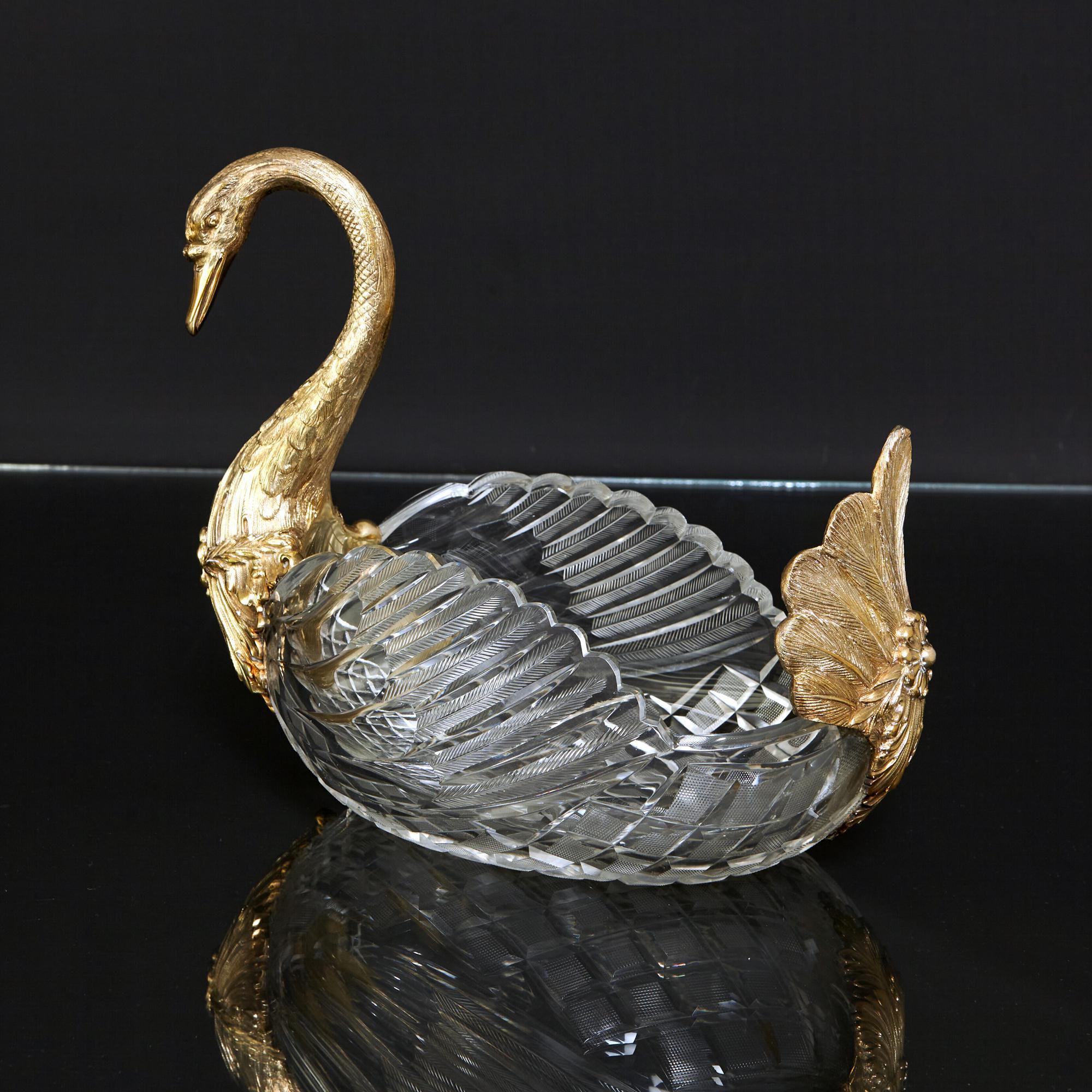 German Rare Antique Swan Crystal & Silver-Gilt Bowl or Jardinière, circa 1890