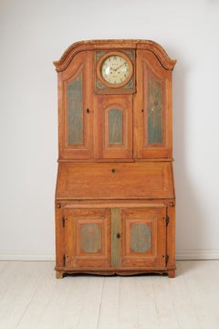 Rare Antique Swedish 1800s Rococo Secretary Cabinet with a Clock, Original Paint