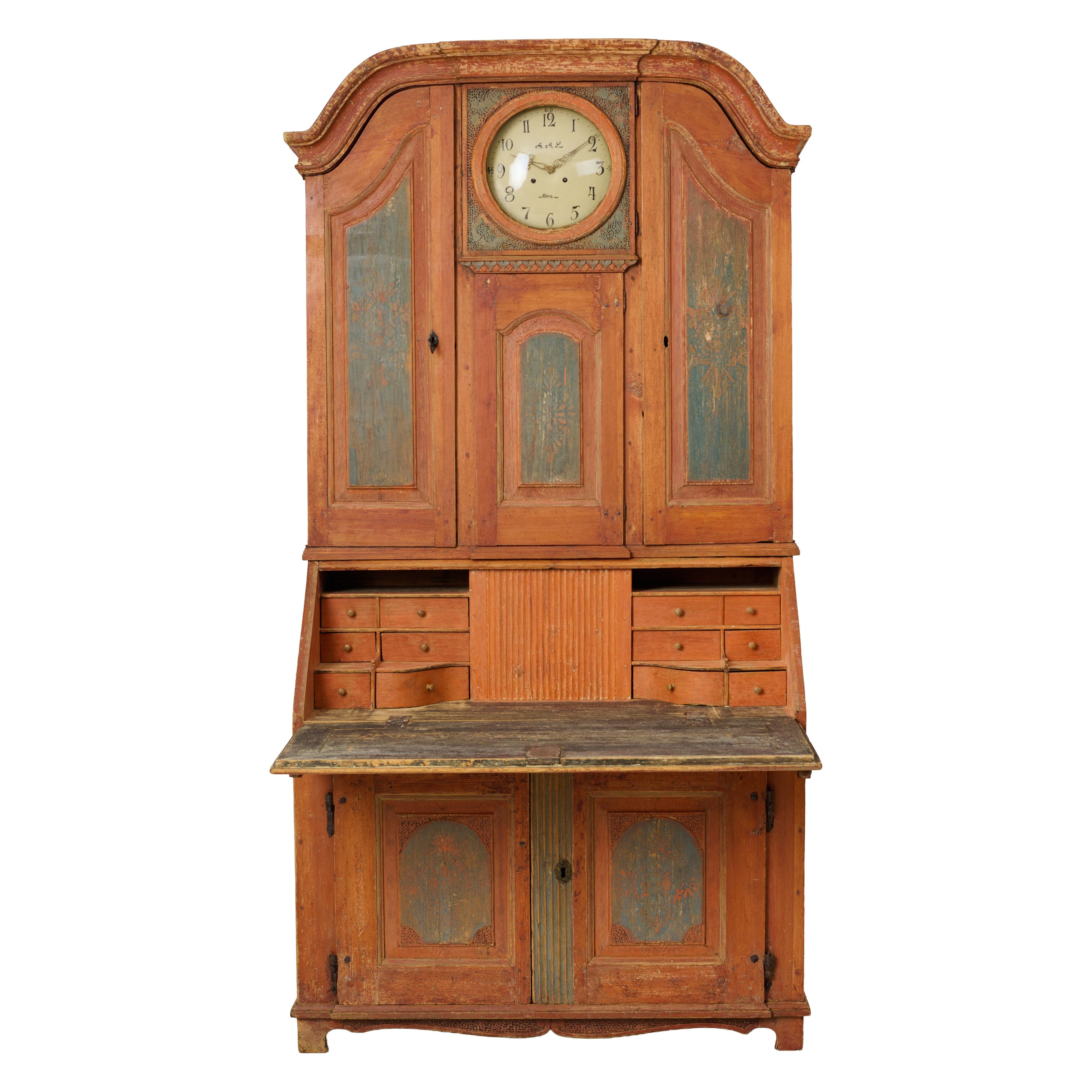 Rare Antique Swedish 1800s Rococo Secretary Cabinet with a Clock, Original Paint