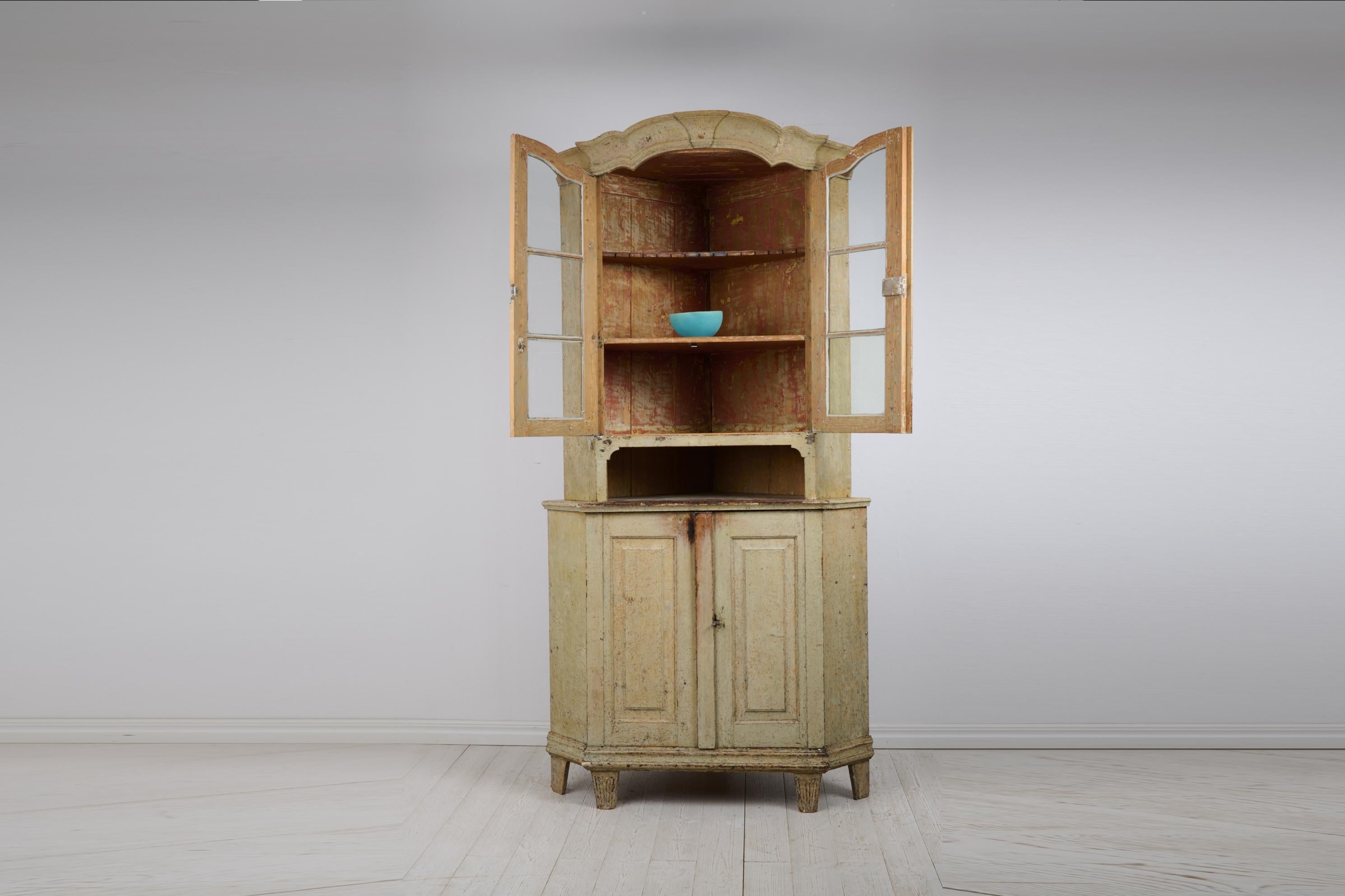 Hand-Crafted Rare Antique Swedish Gustavian Period Corner Cabinet with Authentic Glass Doors For Sale