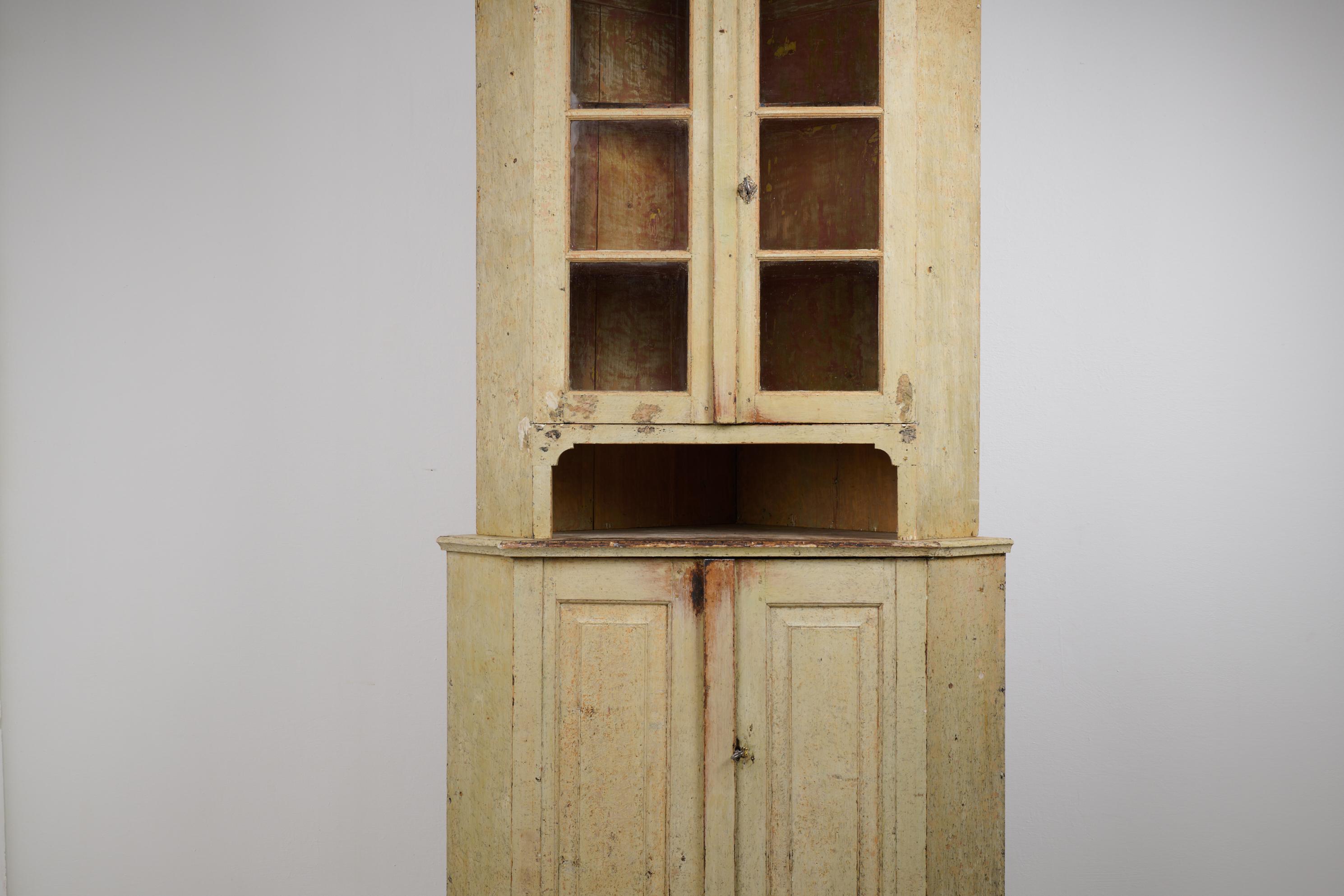 18th Century Rare Antique Swedish Gustavian Period Corner Cabinet with Authentic Glass Doors For Sale