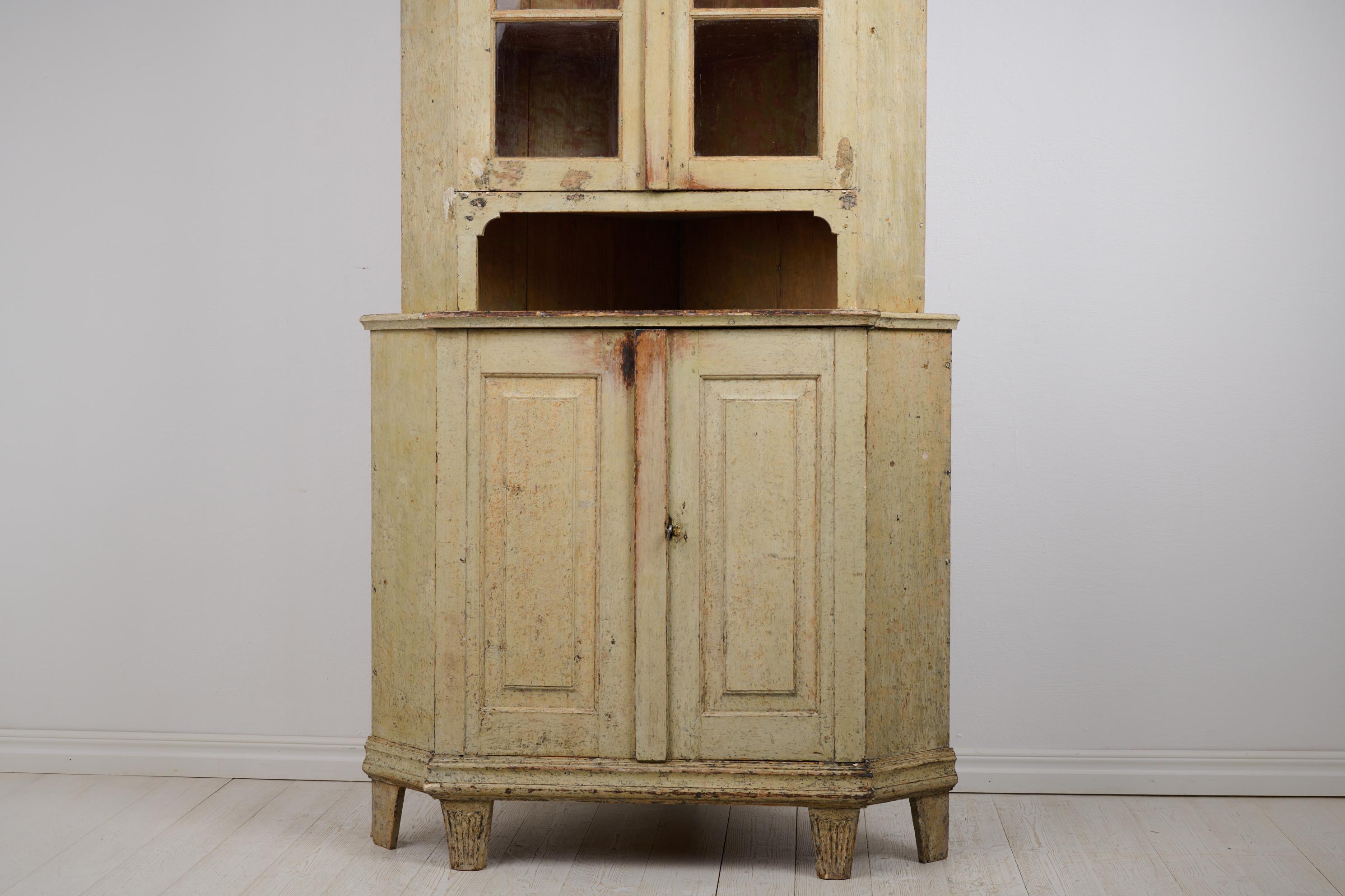 Pine Rare Antique Swedish Gustavian Period Corner Cabinet with Authentic Glass Doors For Sale