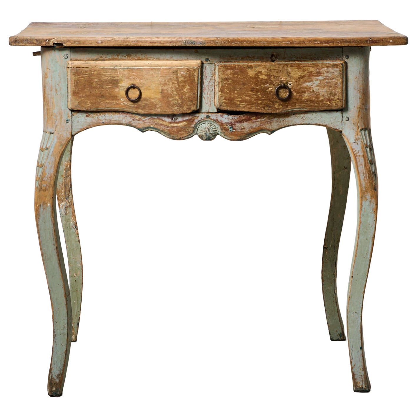 Rare Antique Swedish Rococo Period Side Table, Rustic Original Paint and Drawers