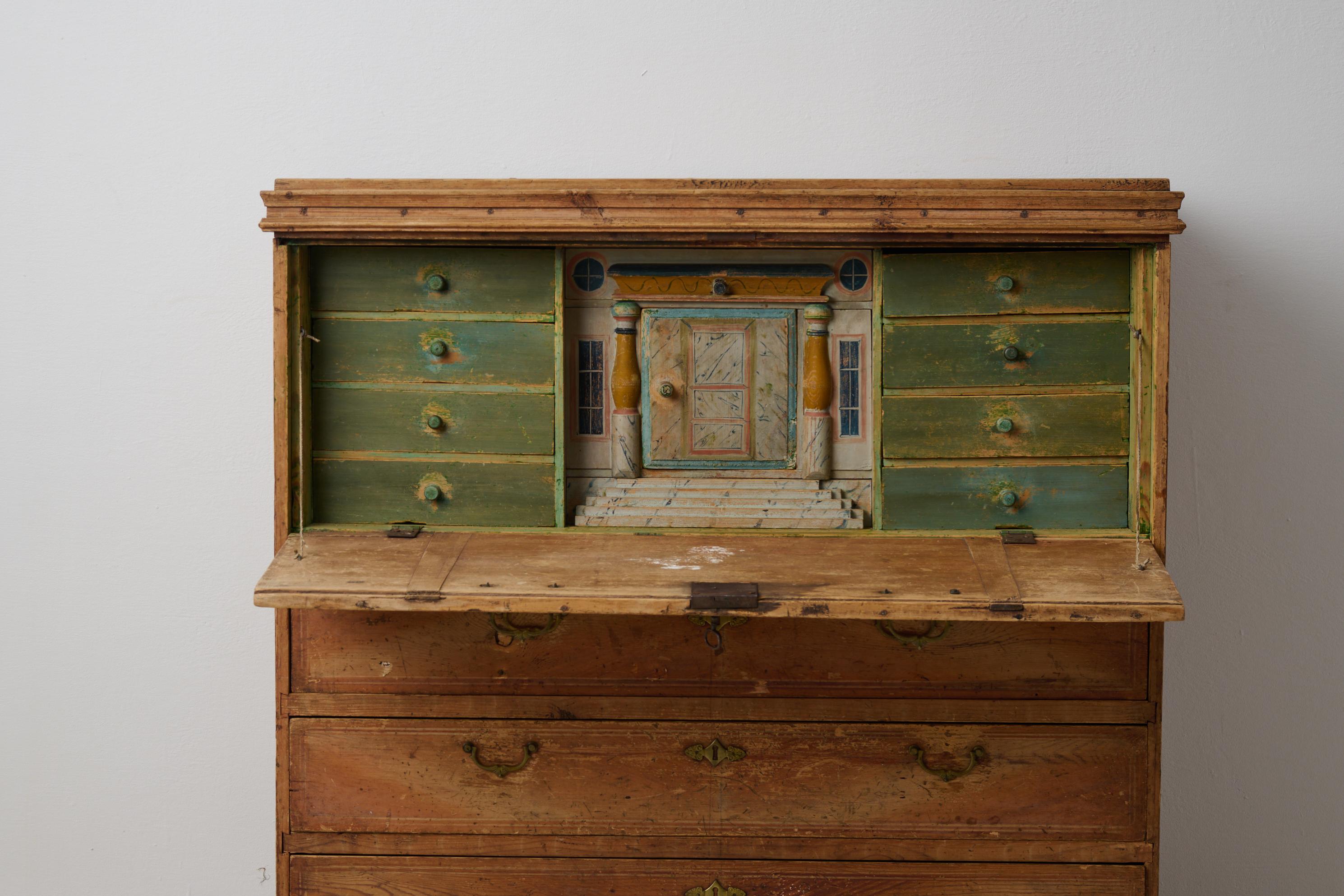 Hand-Crafted Rare Antique Swedish Secretary Desk in Folk Art from Northern Sweden For Sale