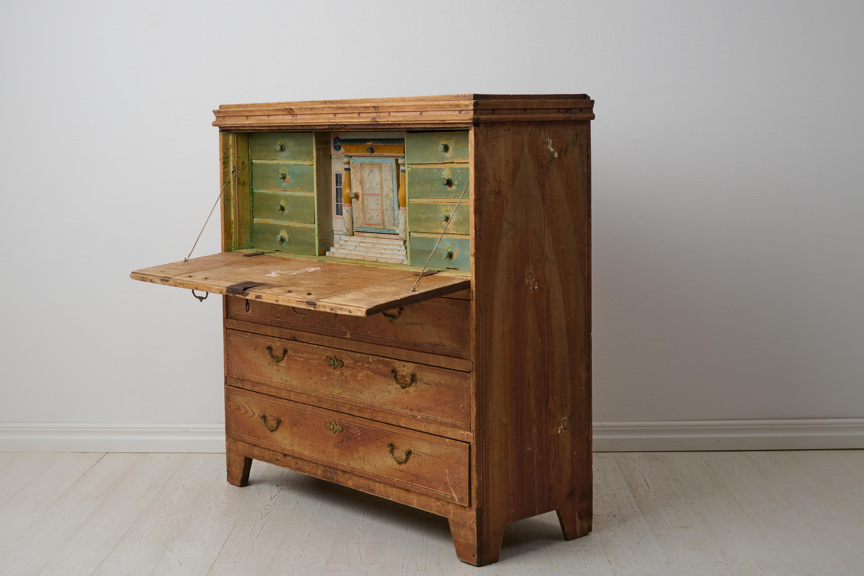Pine Rare Antique Swedish Secretary Desk in Folk Art from Northern Sweden For Sale