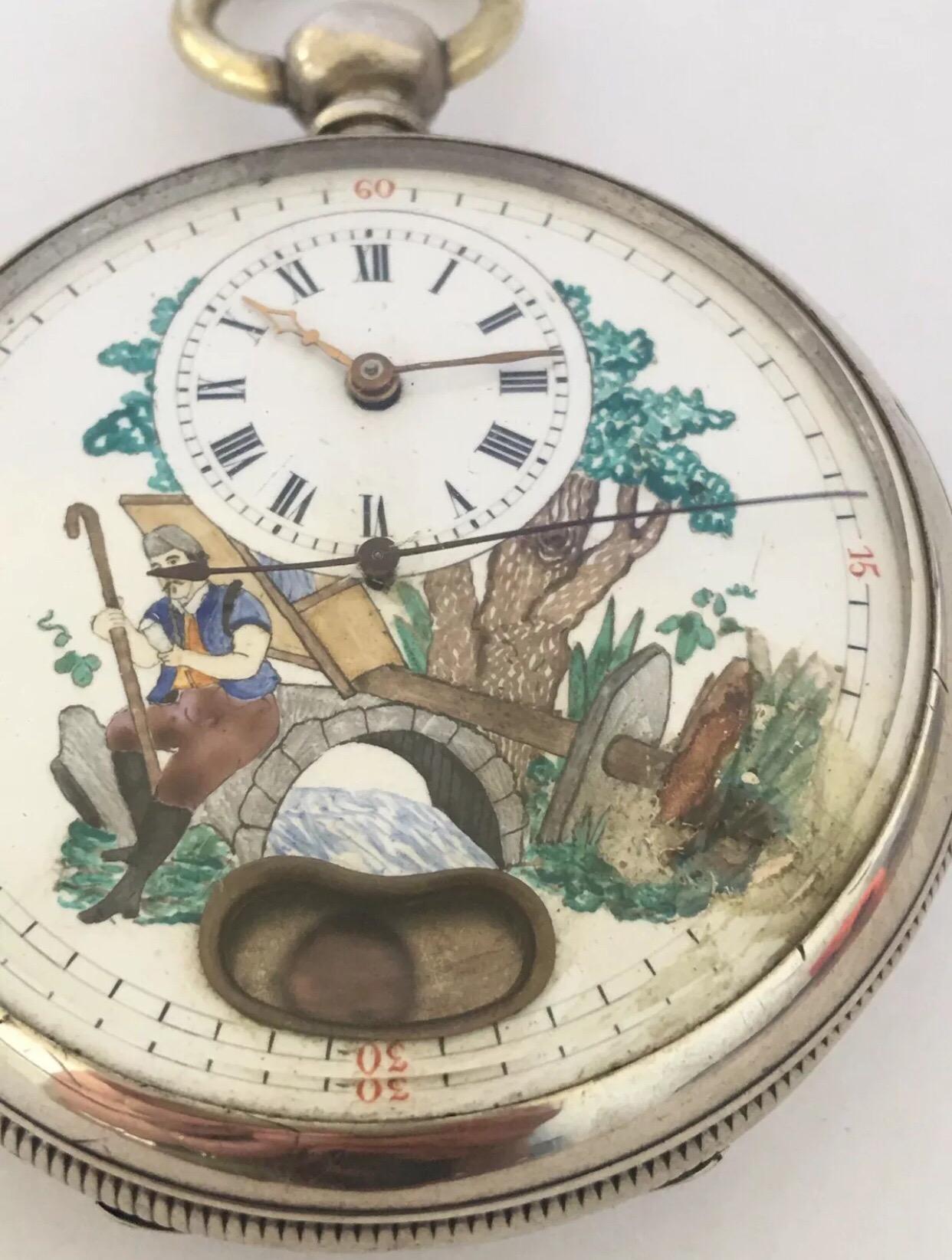 Rare Antique Swinging Pendulum Silver Pocket Watch For Sale 5