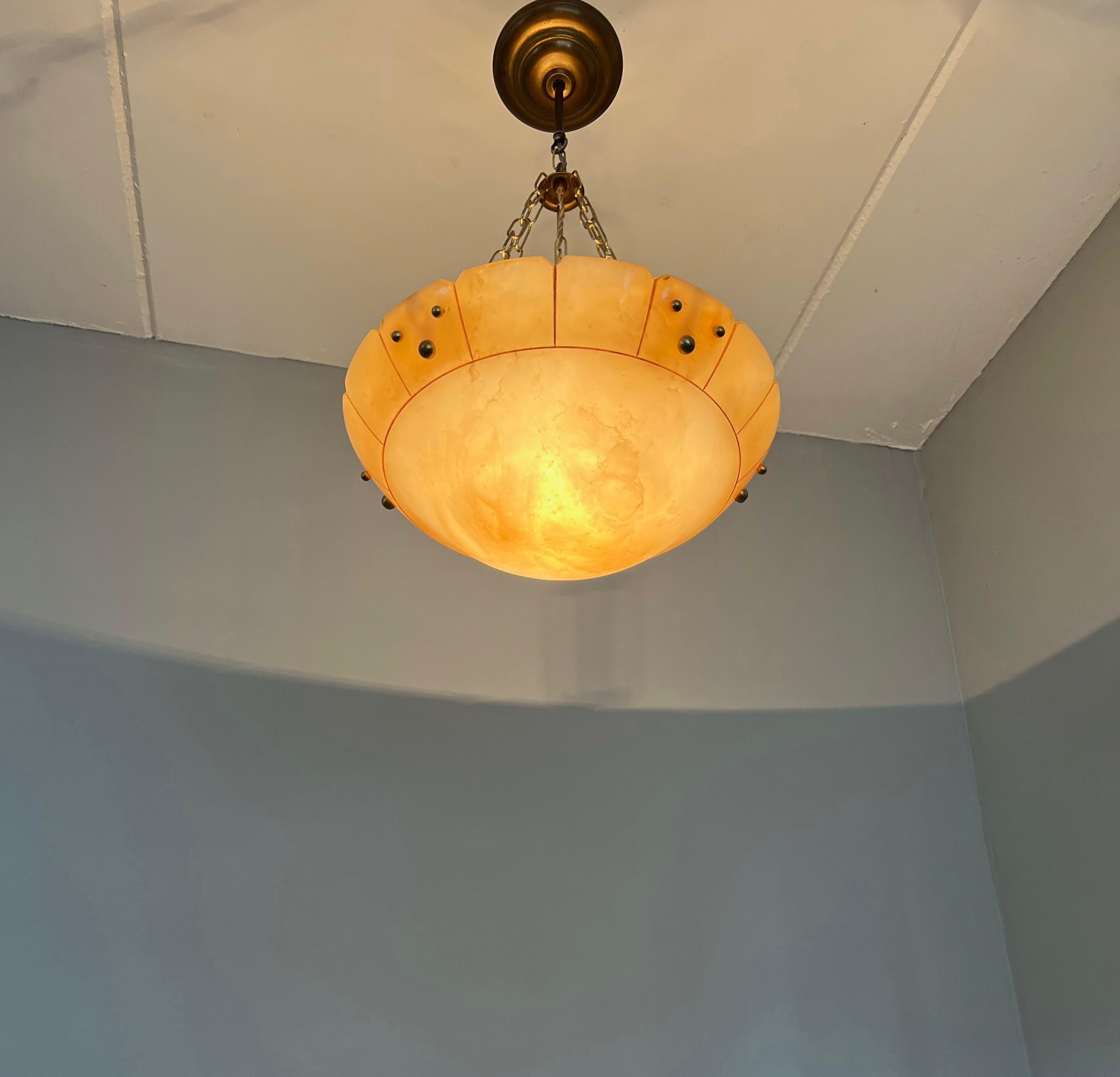 Rare Antique Sylish Model Beige Color Alabaster and Brass Pendant / Chandelier In Excellent Condition For Sale In Lisse, NL