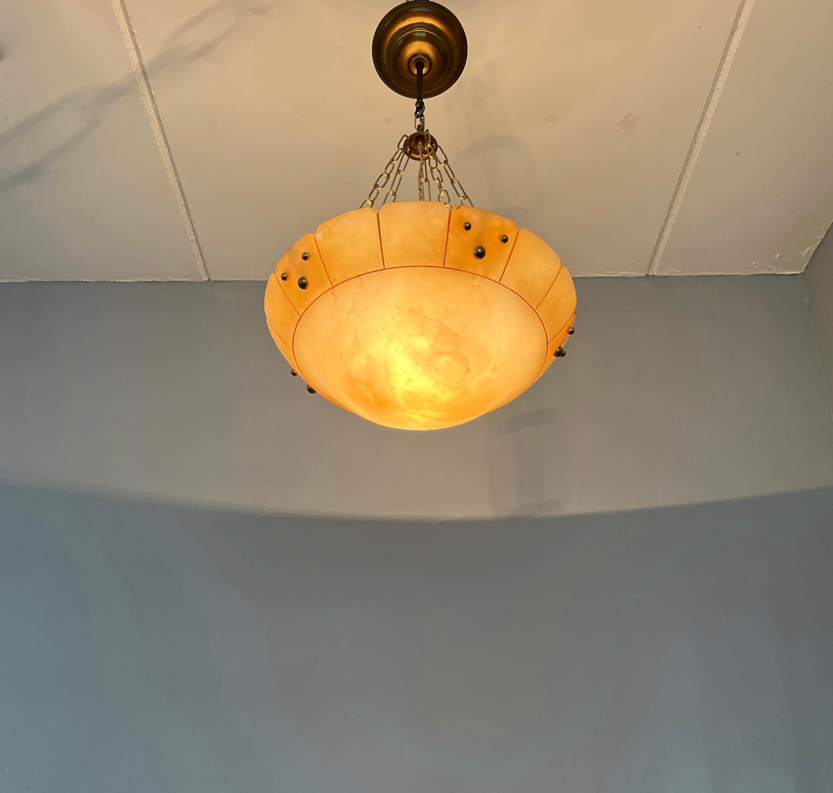 20th Century Rare Antique Sylish Model Beige Color Alabaster and Brass Pendant / Chandelier For Sale
