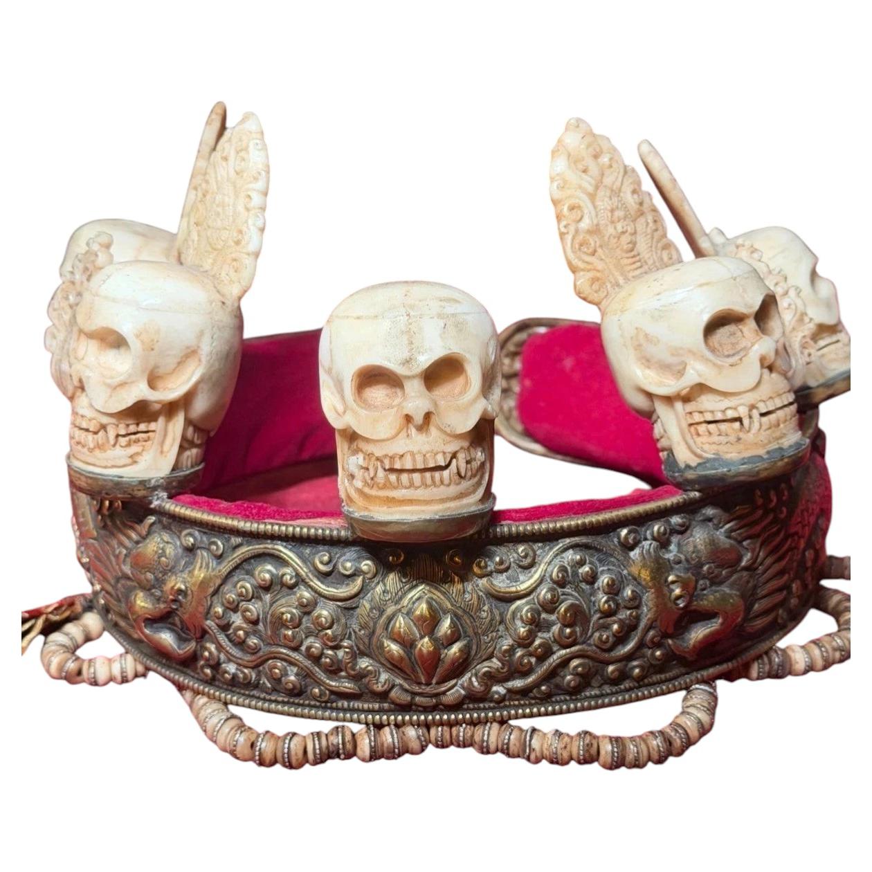 Rare Antique Tibetan Ritual Skull Crown, Buddhist Headdress