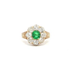 Rare Antique Tiffany & Co. Yellow Gold Emerald Old Mine Cut Diamond Halo Ring