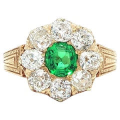 Rare Antique Tiffany & Co. Yellow Gold Emerald Old Mine Cut Diamond Halo Ring