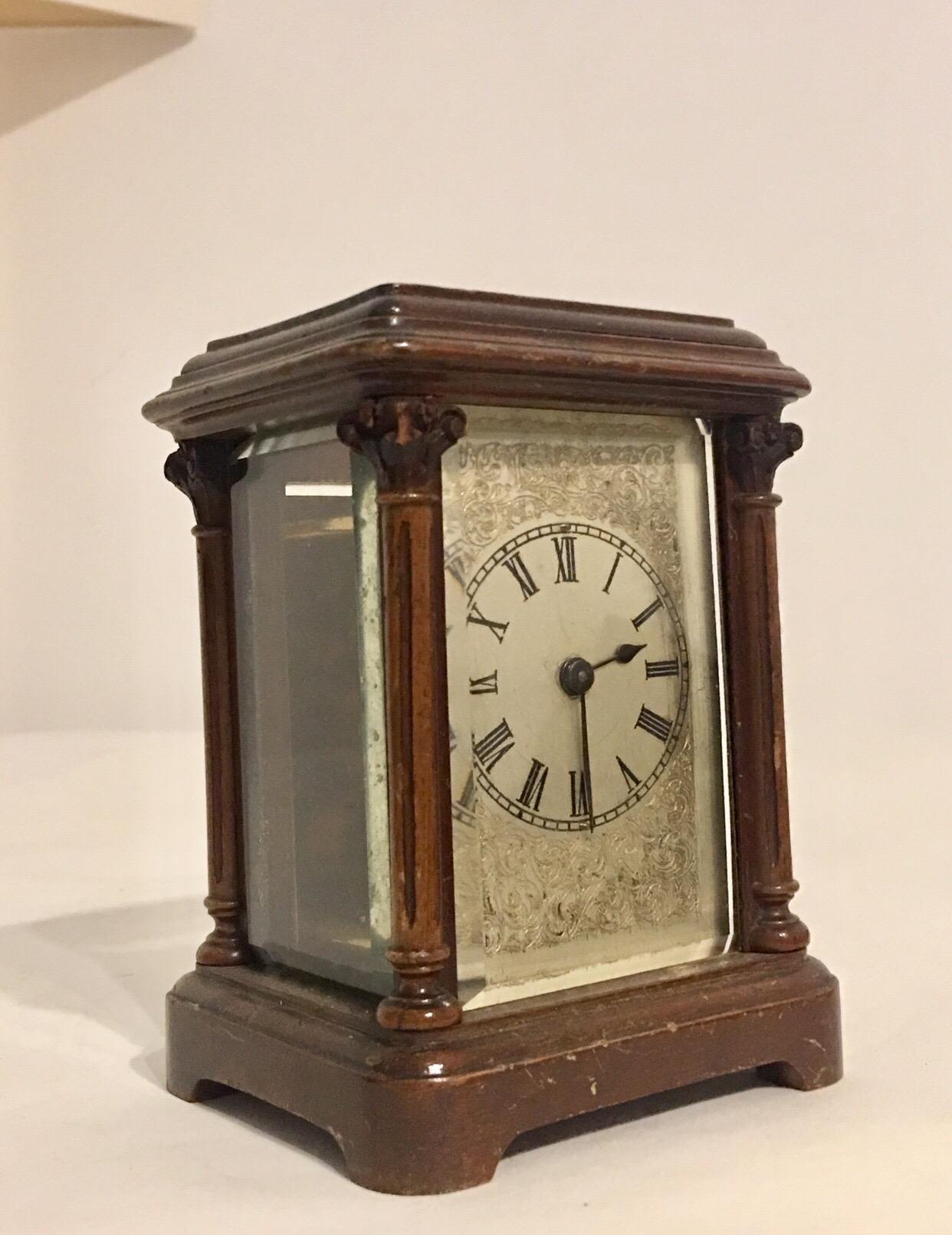 Beveled Rare Antique Timepiece Wooden Mantel / Carriage Clock For Sale