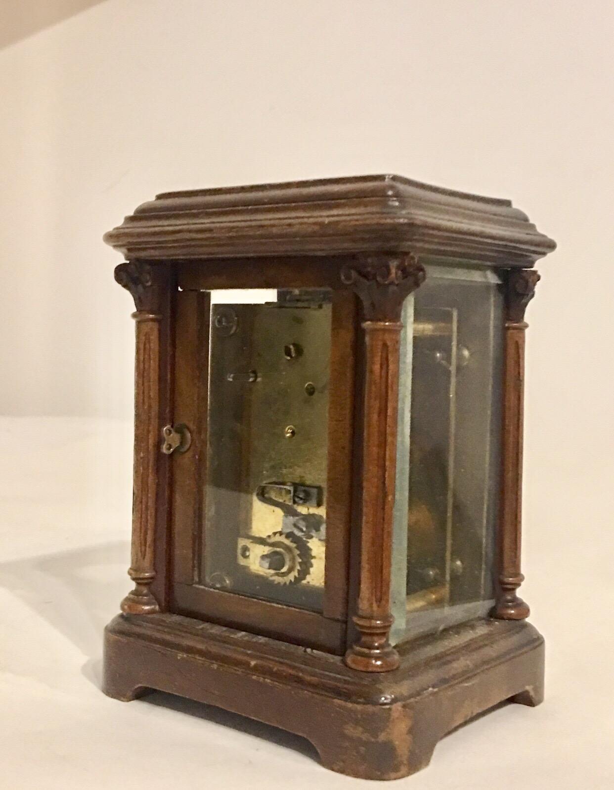 Rare Antique Timepiece Wooden Mantel / Carriage Clock In Fair Condition For Sale In London, Nottinghill