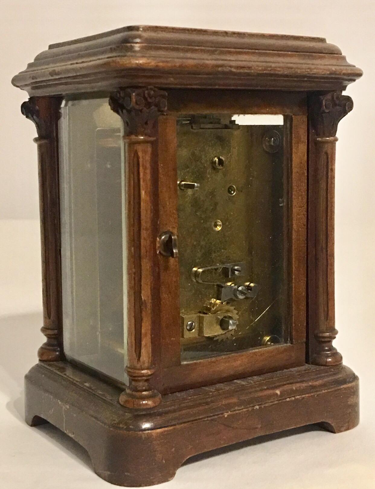 Glass Rare Antique Timepiece Wooden Mantel / Carriage Clock For Sale