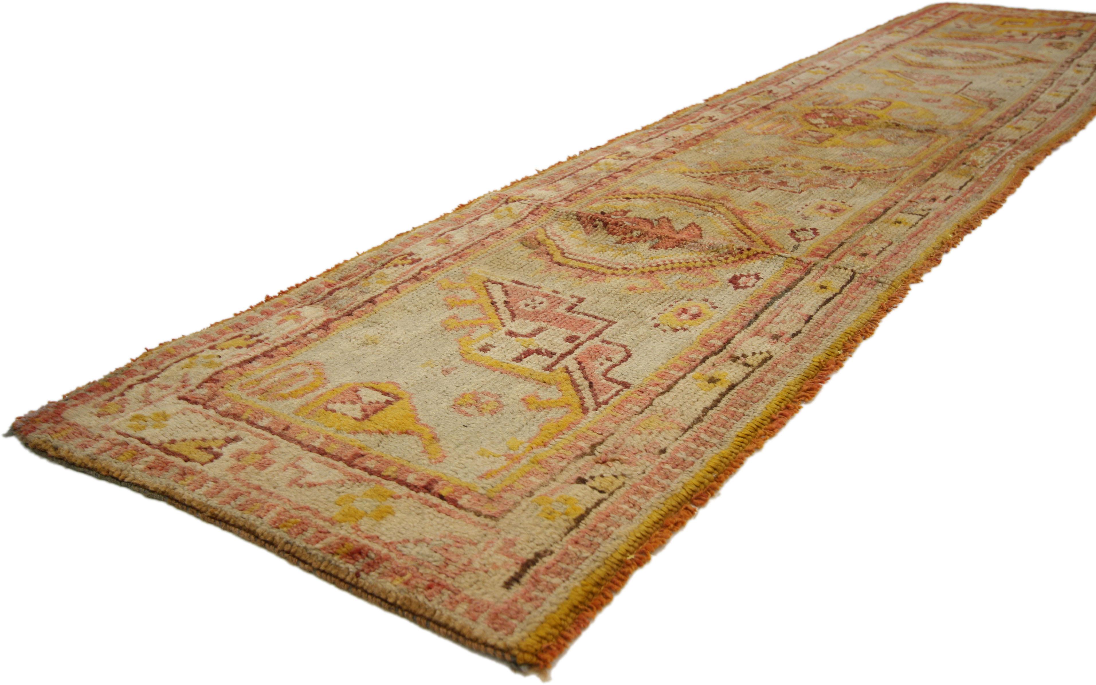 50879 Rare Antique Turkish Sampler Wagireh Oushak Hallway Runner 02'00 x 08'10. This hand-knotted wool antique Turkish Oushak hallway runner is known as a sampler or wagireh Oushak sampler runner. This is from the Late 19th Century, circa 1880's.