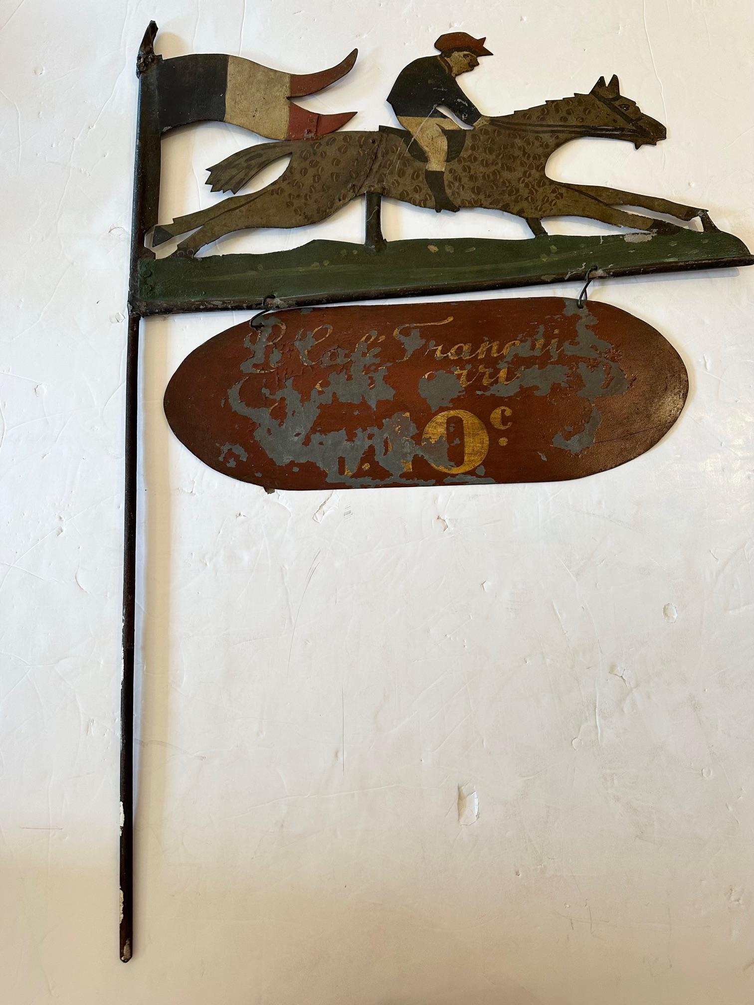Rare Antique Two Sided Painted Metal French Cafe Sign with Horse & Rider 5