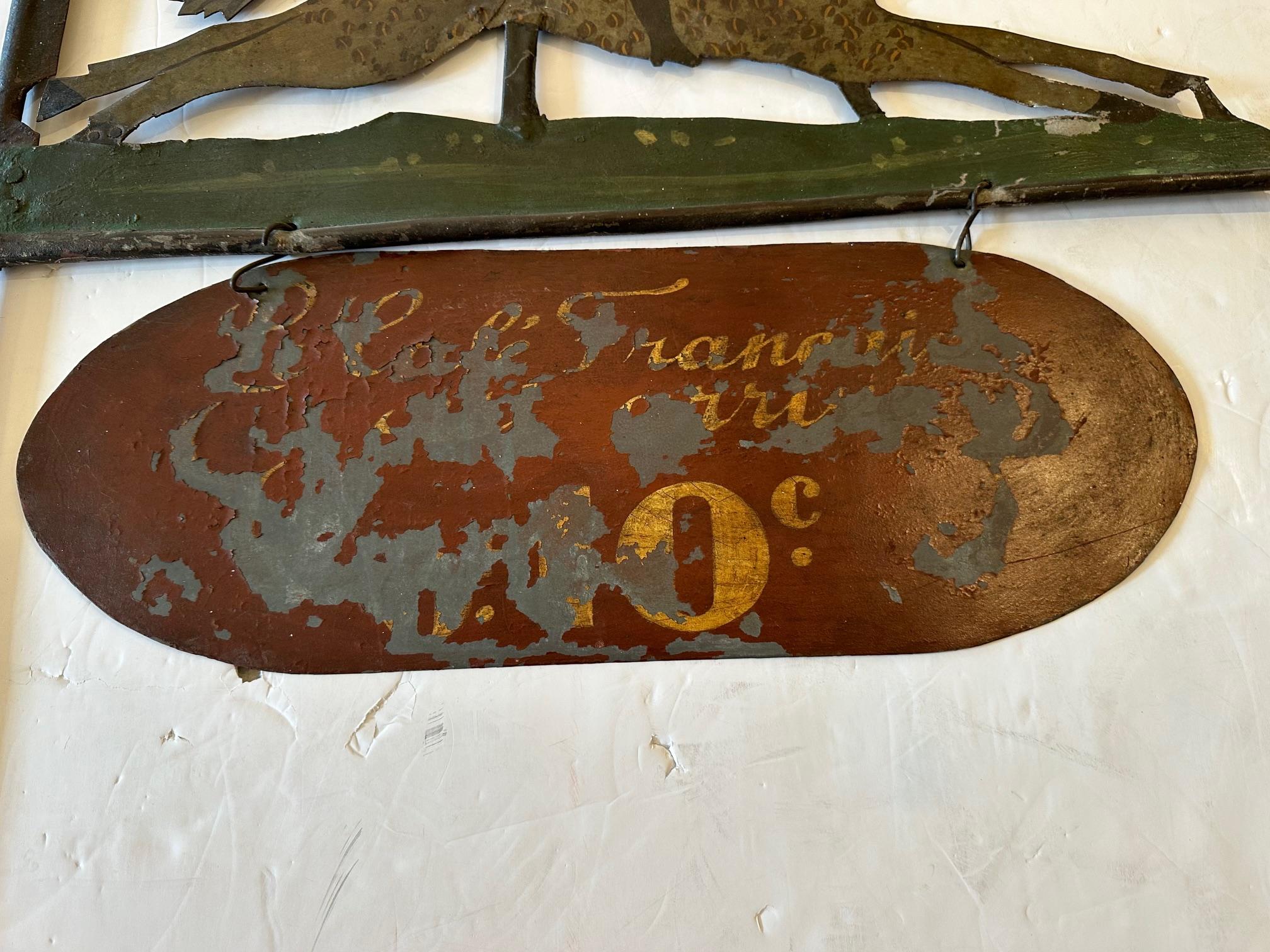A rare & charming antique French cafe sign with horse and rider, flag and oval plaque, finished on both sides so could be wonderful displayed and hung to be able to see front and back.