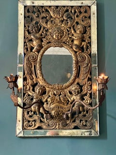 Rare Antique Venetian Girandole Mirror With Putti & Laurel Leaf Frame
