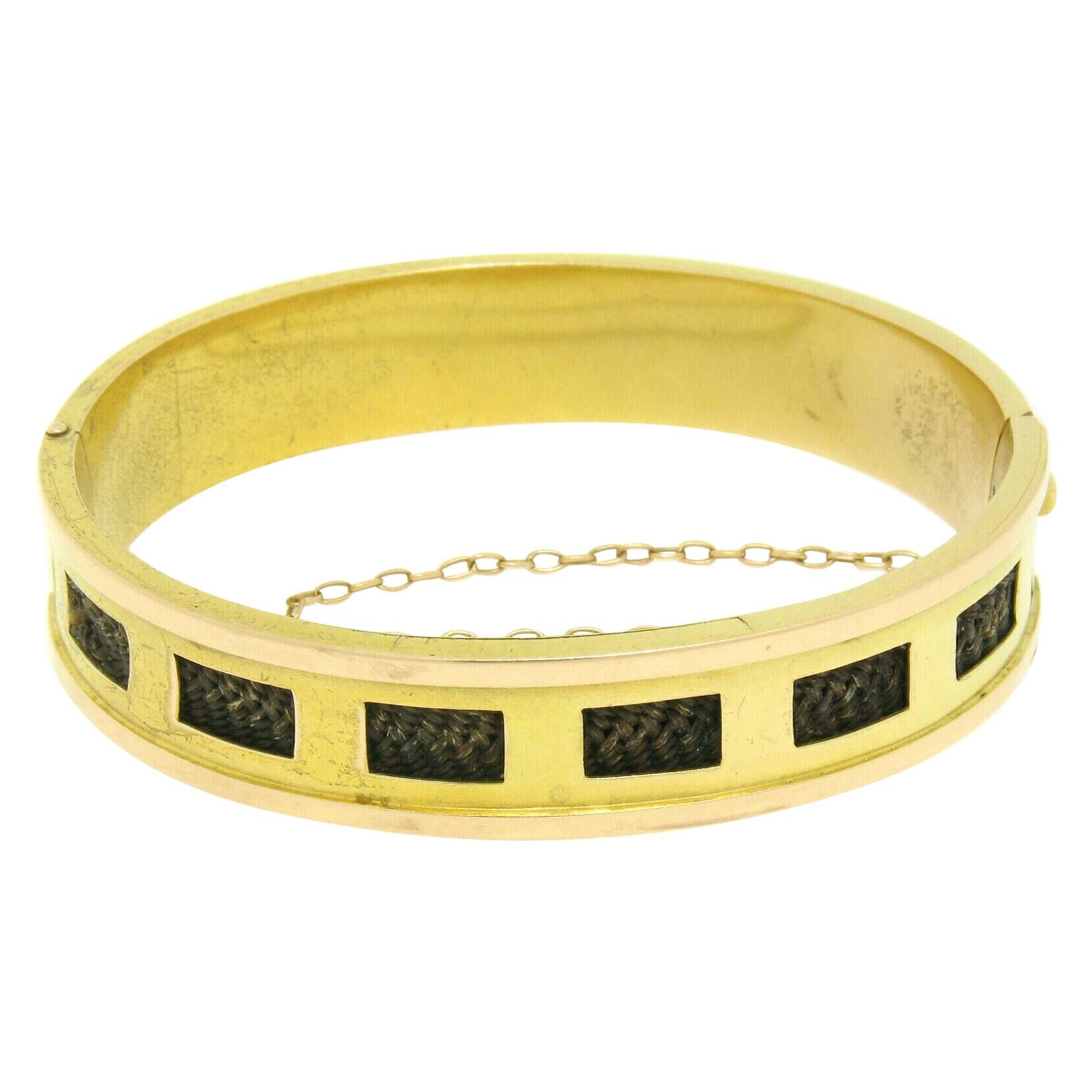 Bracelet jonc large de de deuil de de deuil en or vert et rose 14 carats de style victorien ancien rare