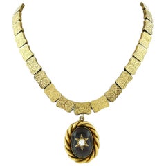 Rare Antique Victorian 18k Gold Cabochon Garnet Mourning Pendant Choker Necklace