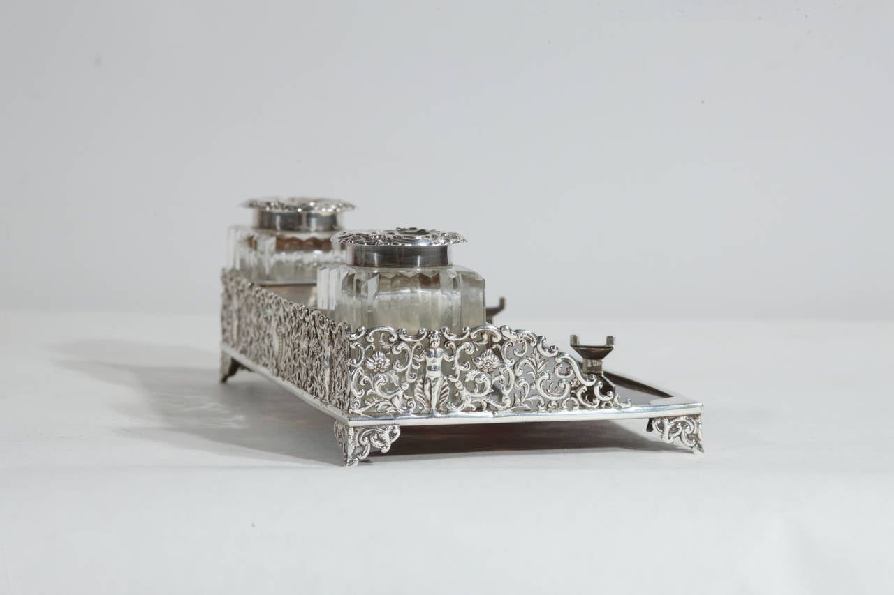 Very elegant and rare silver and tortoise Victorian inkwell: a wonderful piece for Your desk.
Punched: London, 1884. 
A/2128.
Banned in USA.