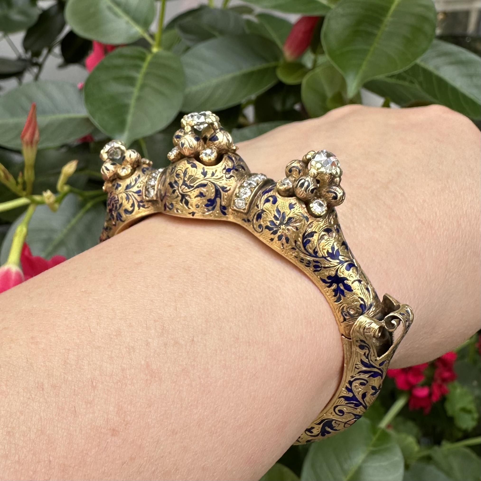 Rara pulsera brazalete ajustable de oro antiguo victoriano con diamantes talla vieja y esmalte en venta 5