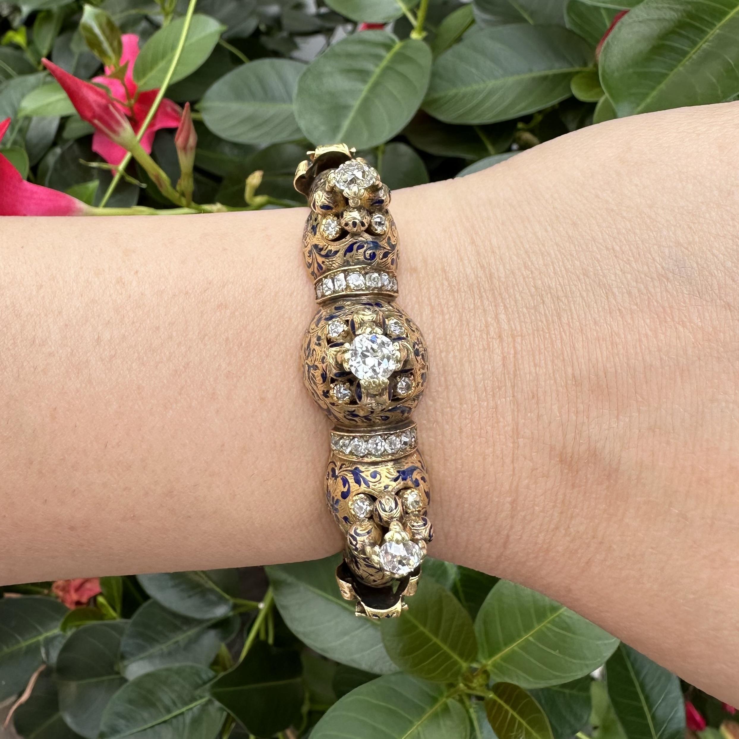 Rara pulsera brazalete ajustable de oro antiguo victoriano con diamantes talla vieja y esmalte en venta 6