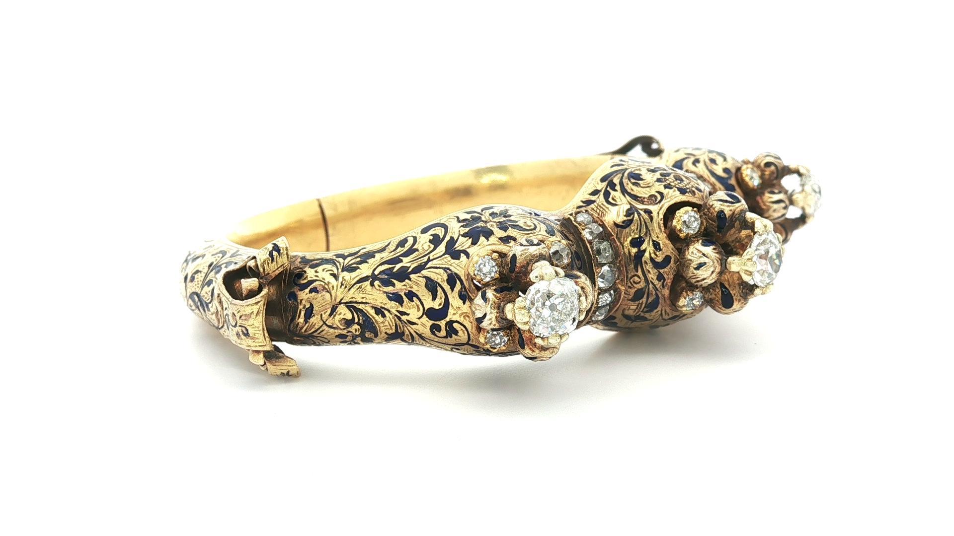 Rara pulsera brazalete ajustable de oro antiguo victoriano con diamantes talla vieja y esmalte Victoriano en venta