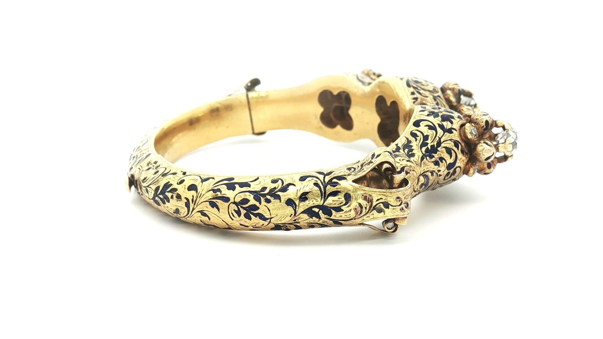 Rara pulsera brazalete ajustable de oro antiguo victoriano con diamantes talla vieja y esmalte Talla antigua en venta