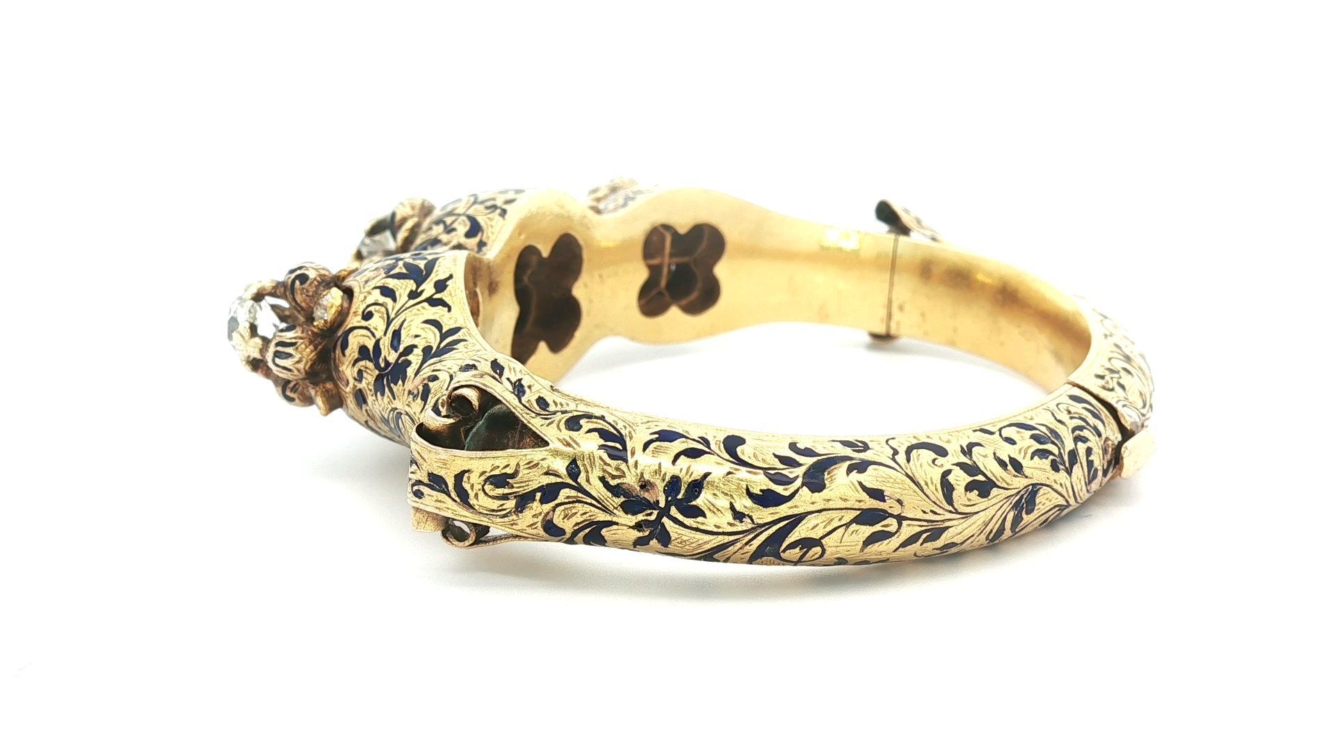 De las mujeres Rara pulsera brazalete ajustable de oro antiguo victoriano con diamantes talla vieja y esmalte en venta