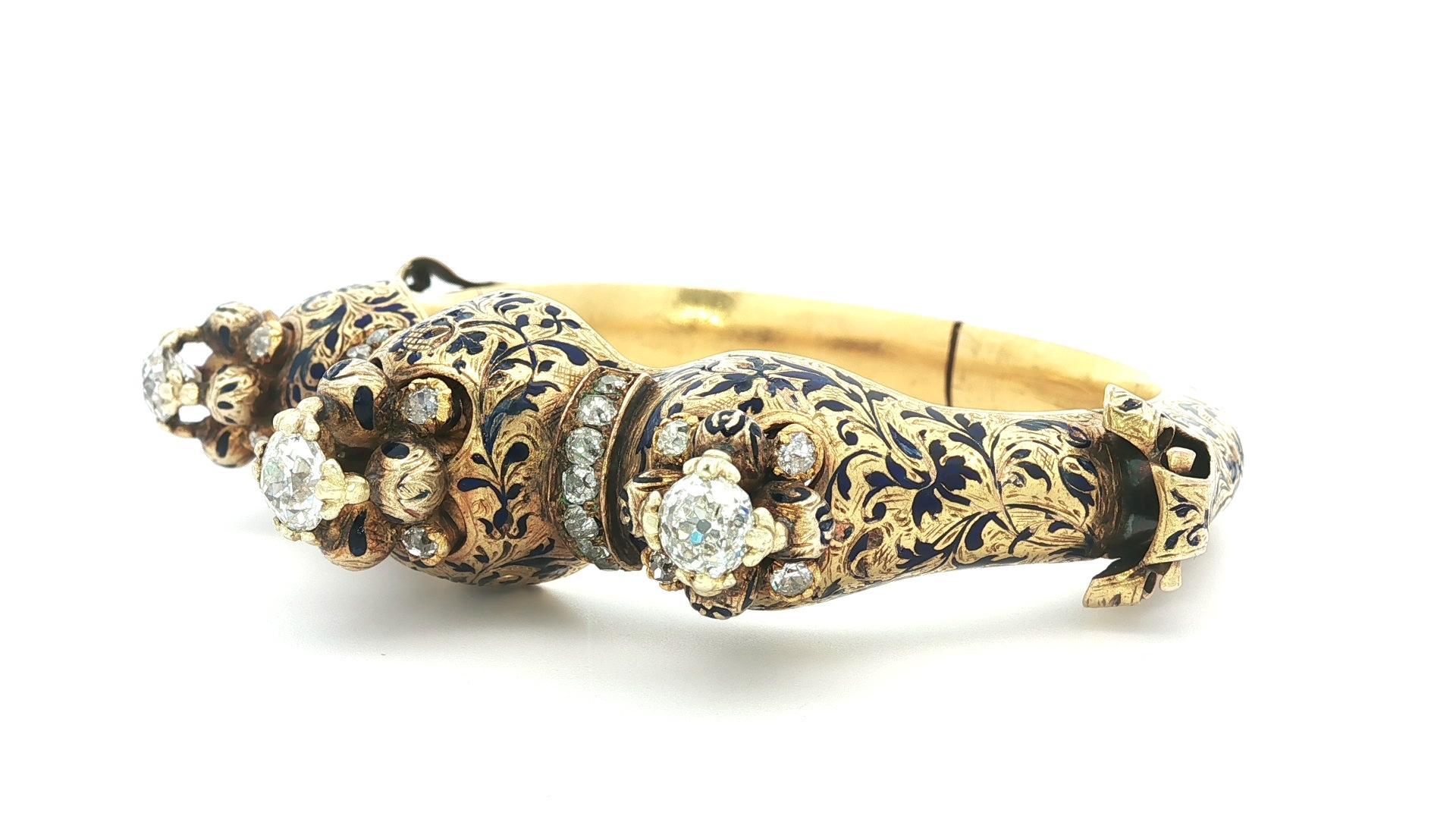 Rara pulsera brazalete ajustable de oro antiguo victoriano con diamantes talla vieja y esmalte en venta 1